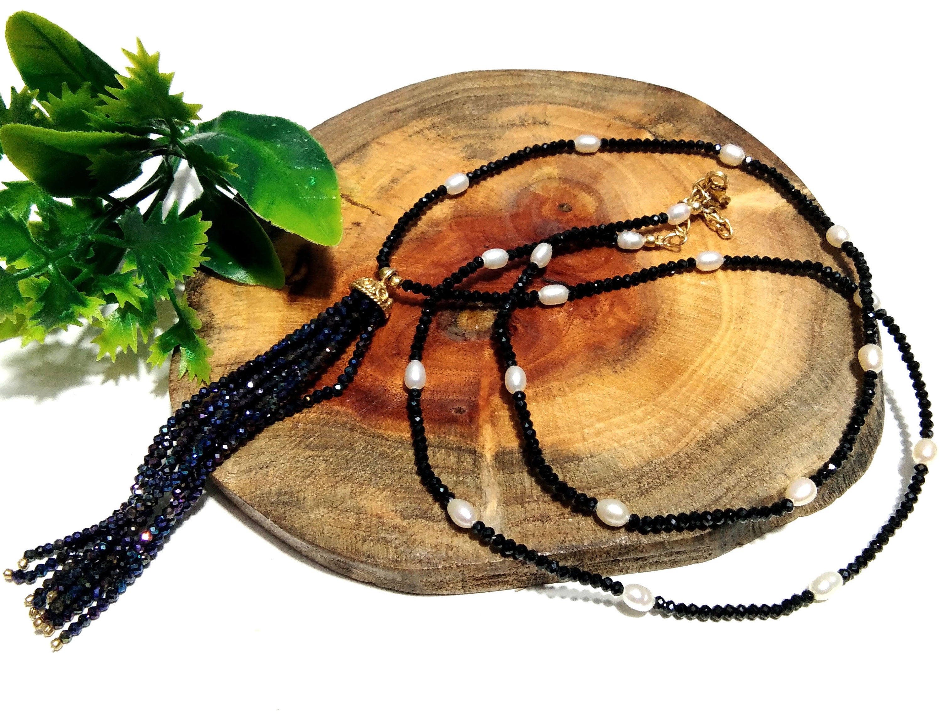 Natural Black Spinel And White Baroque Pearl Chain Necklace, 925 Starling Silver Gold Plated Chain Necklace 40''Inch Adjuster Chain Necklace