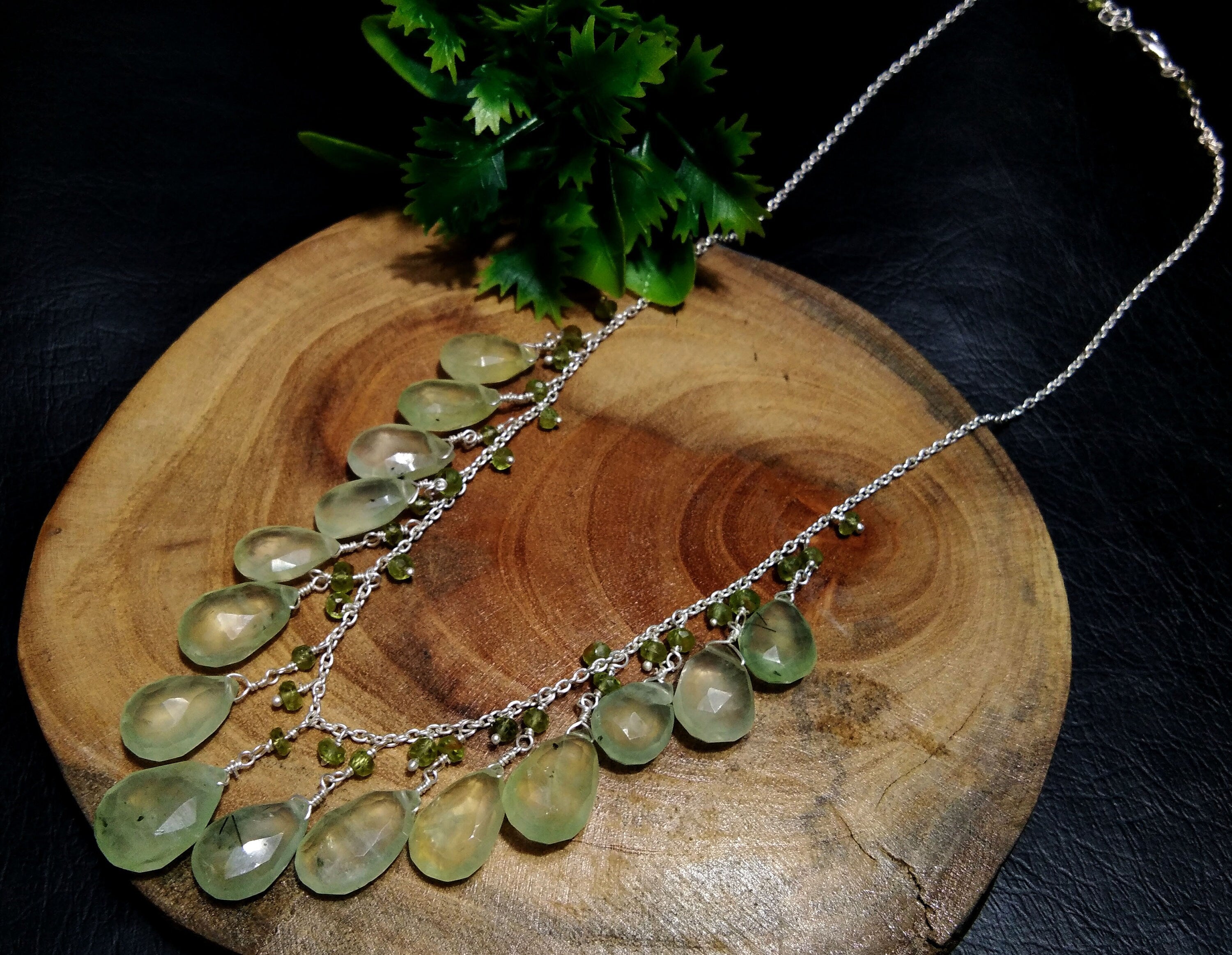 Natural Prehnite Drop's Gemstone Chain Necklace Jewelry, 925 Starling Silver Chain Necklace, Prehnite Stone For Gift Necklace, Girls & Women