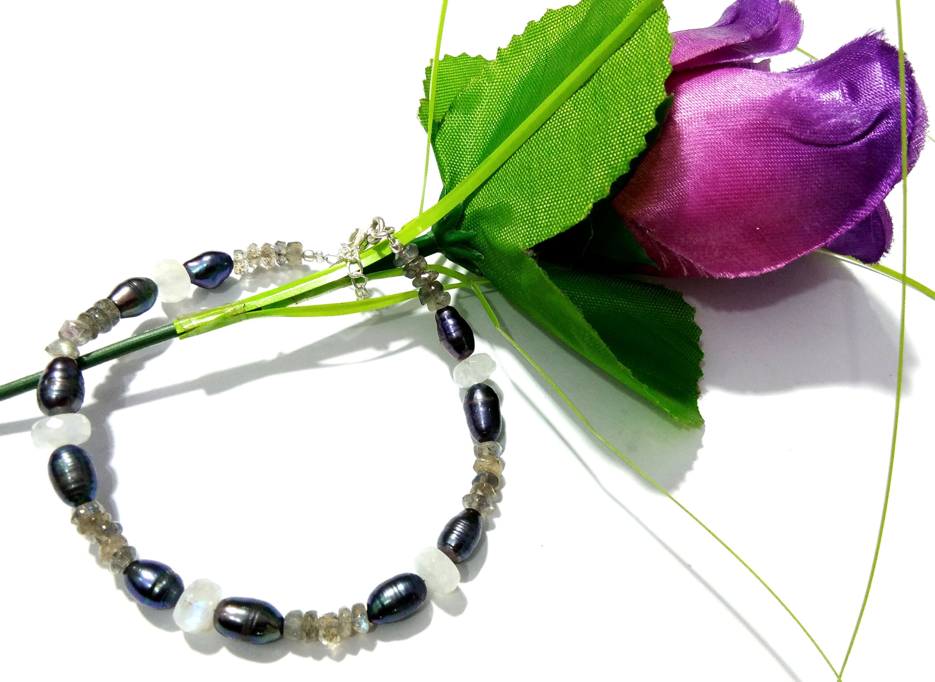 Labradorite-Rainbow Moonstone-Grey Pearl Bracelets In 925 Sterling Silver, Natural Handmade Making Gemstone Adjustable Bracelets Jewelry