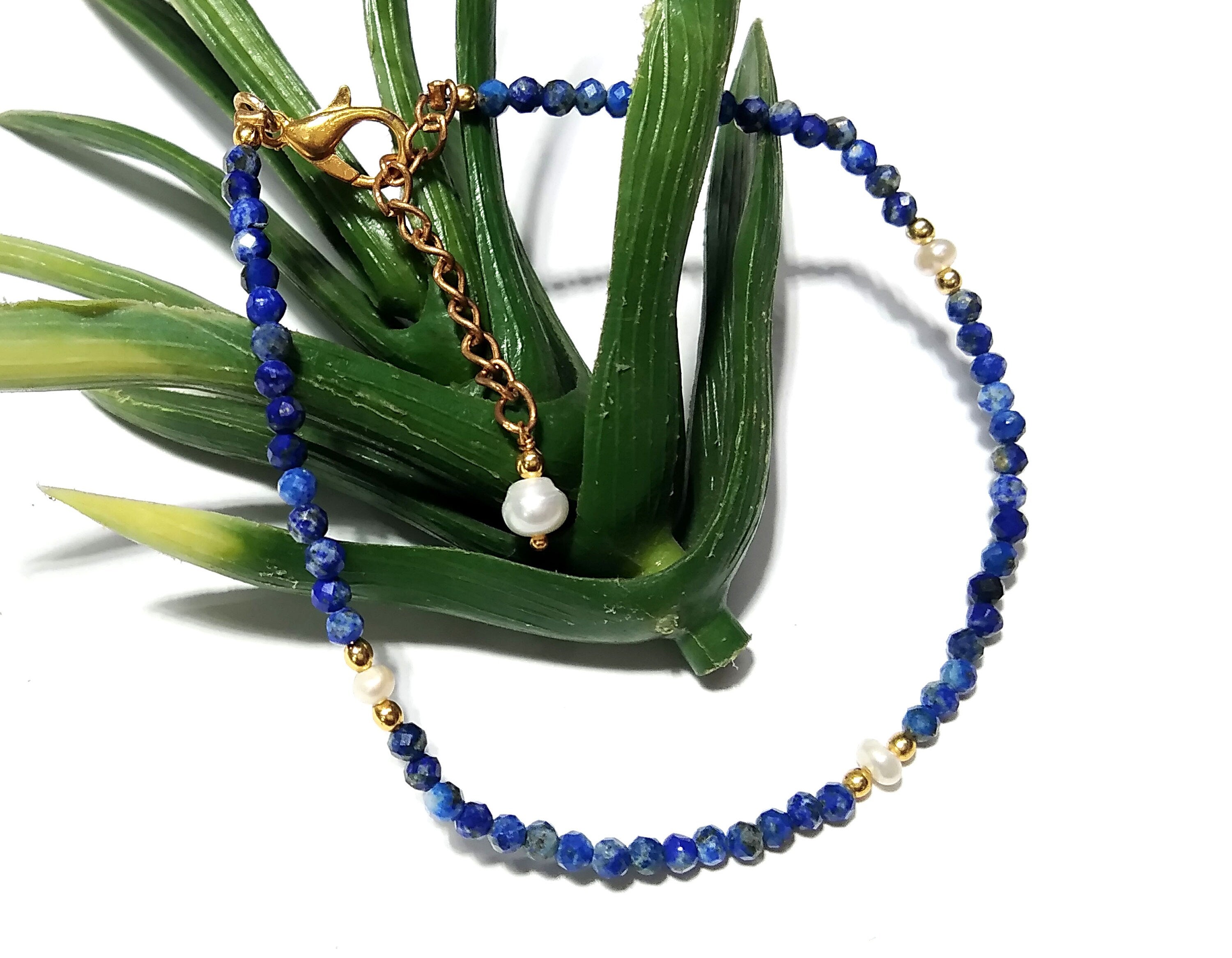 Natural Lapis Lazuli Faceted & Pearl Bracelet, 925 Sterling Silver Stone Bracelet, Top Amazing Quality Gold Silver Making Pearl Bracelet