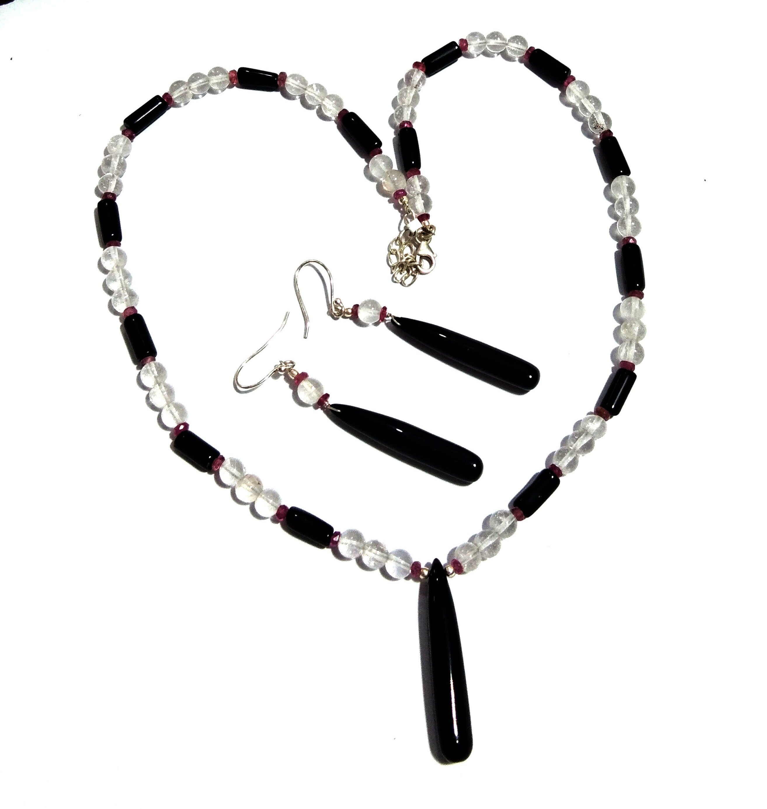 Natural Black Onyx/Crystal Beads Necklace Set Jewelry, 925 Sterling Silver Necklace, Beaded Necklace Statement for Gift Jewelry