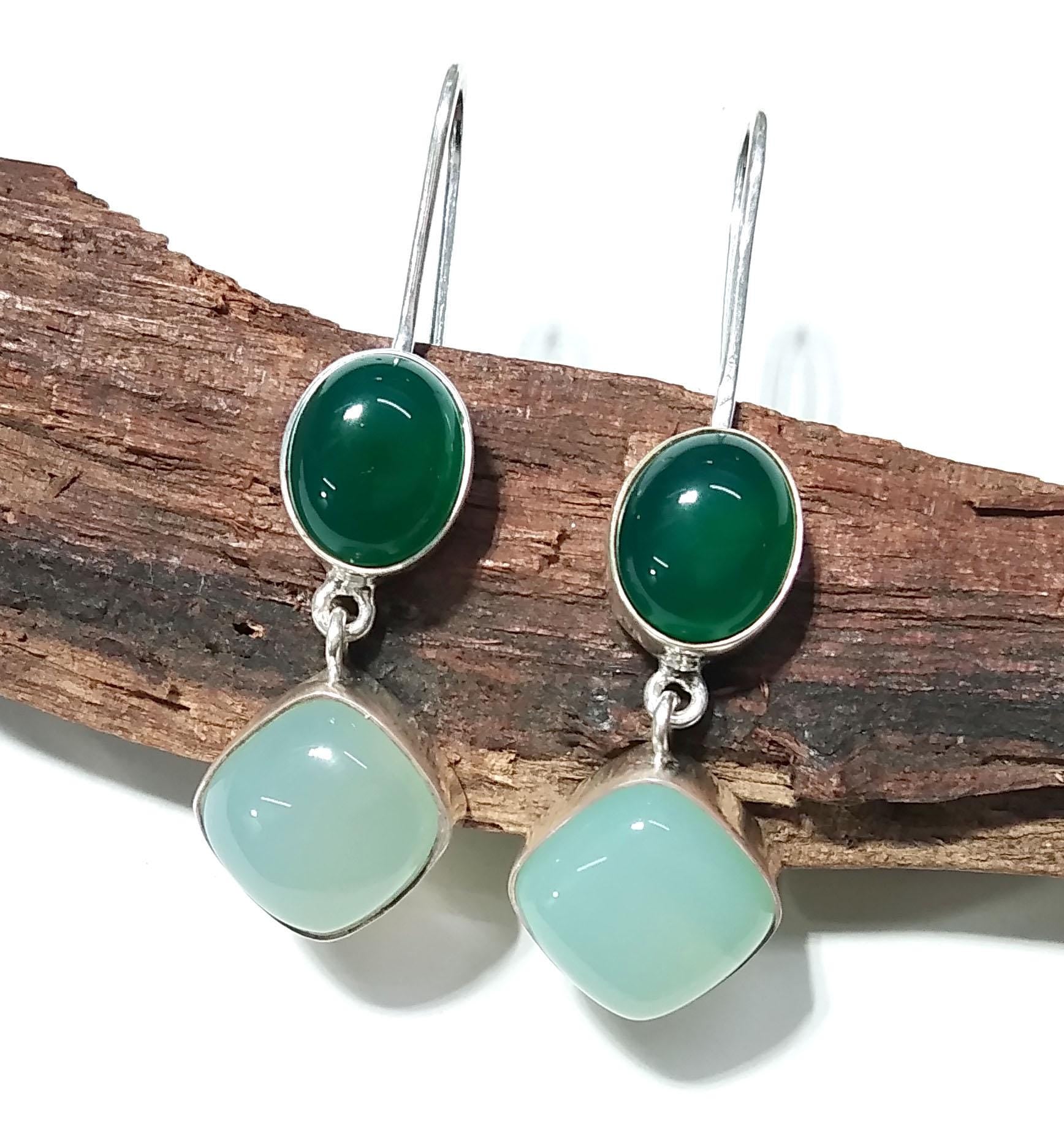 Natural Aqua Chalcedony, Green Onyx Stone Earring, 925 Sterling Silver Earrings, Handmade Making Jewelry Earring, Gift For Girls & Women.