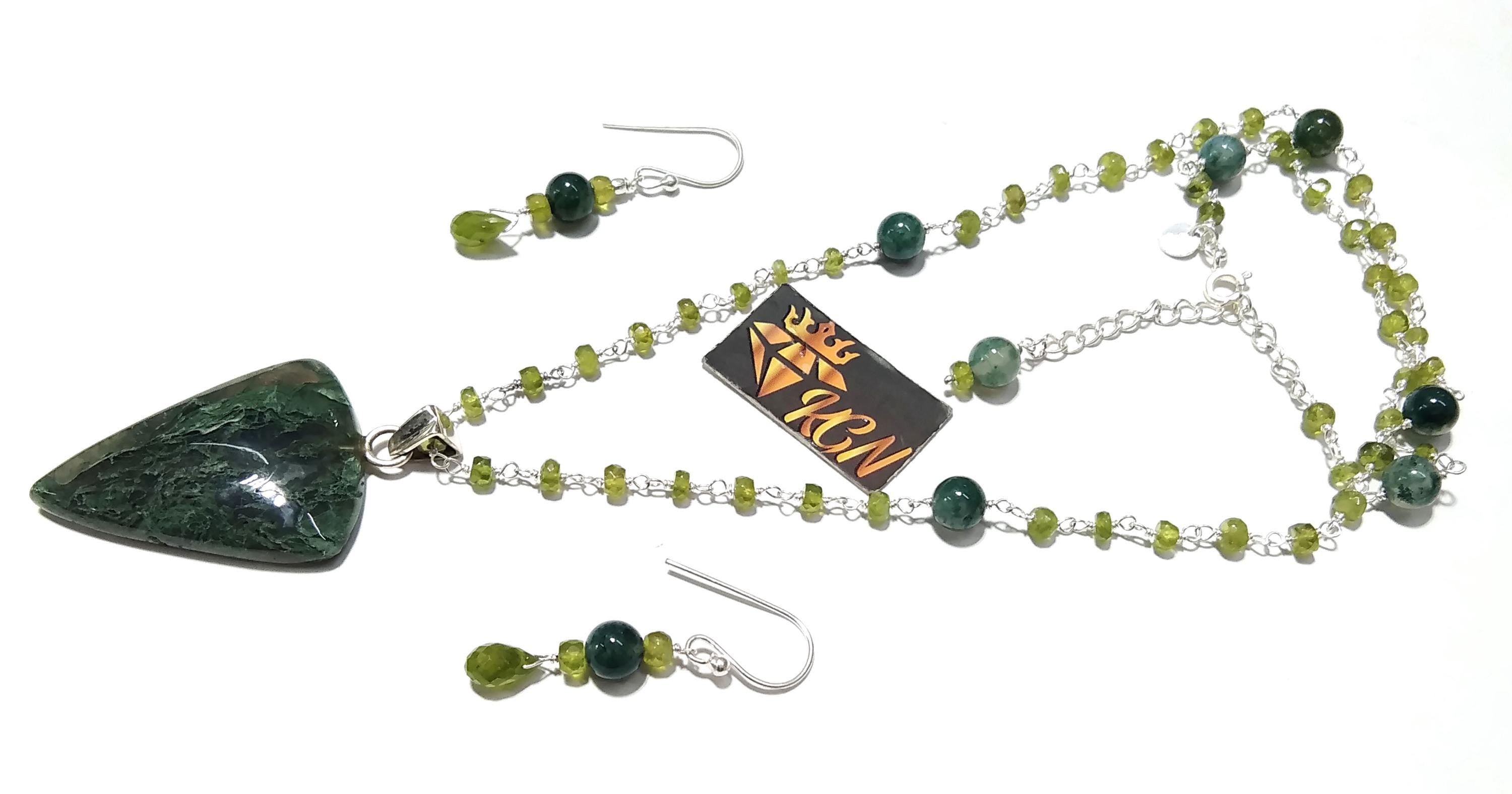 Natural Green Moss Agate Gemstone Necklace Earring Jewelry Set, 925 Sterling Silver Necklace Jewelry, Necklace Set For Women