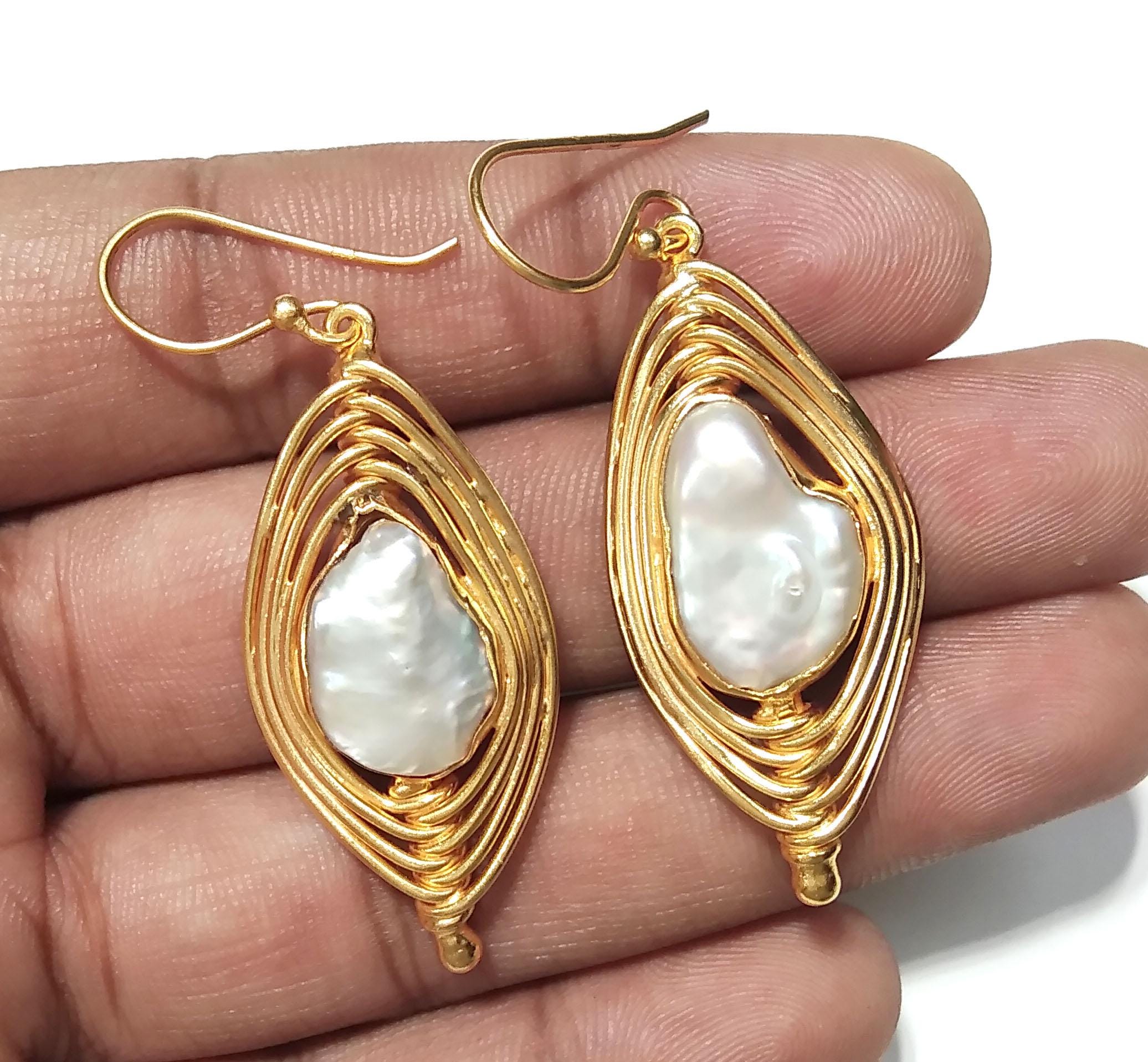 Real Fresh Water Baroque Pearl Earrings, 925 Sterling Silver Gold Plated Earring, Beautiful Pearl Size 15x11mm For Her Gift Birthday Earring