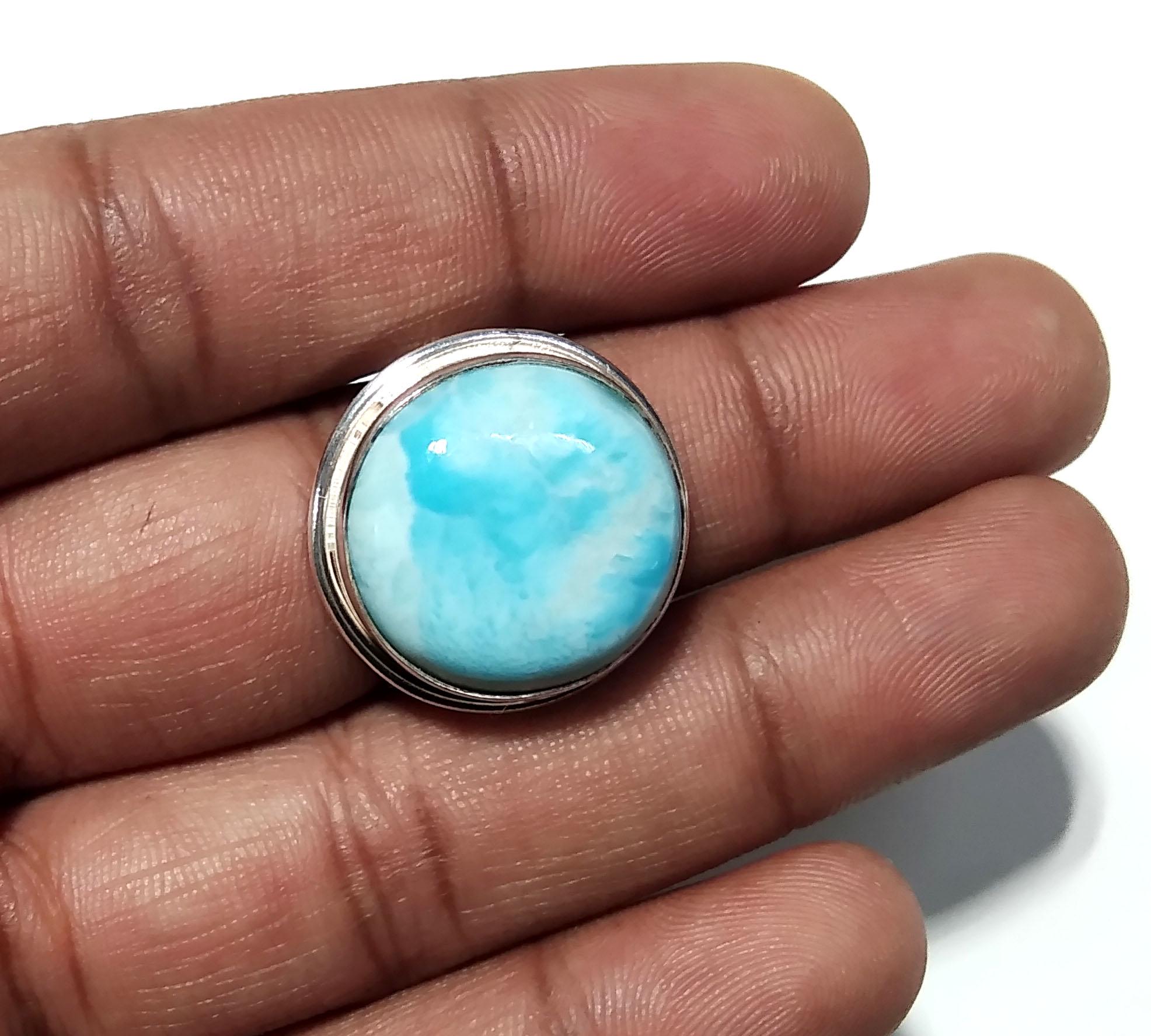 Natural Larimar Gemstone Ring, 925 Solid Starling Silver Ring Jewelry, Round Shape Stone Size 18x18 mm Handmade Silver Jewelry Ring