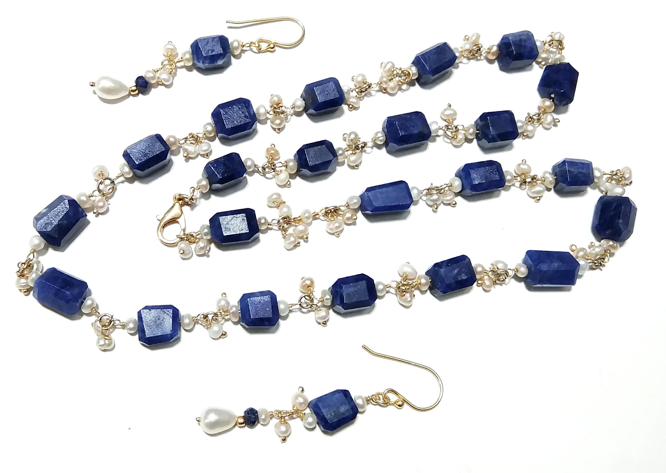 Natural Sodalite, Pearl Gemstone Necklace Earring Jewelry Set, 925 Solid Sterling Silver With Gold Plated Necklace Earring, Necklace Set