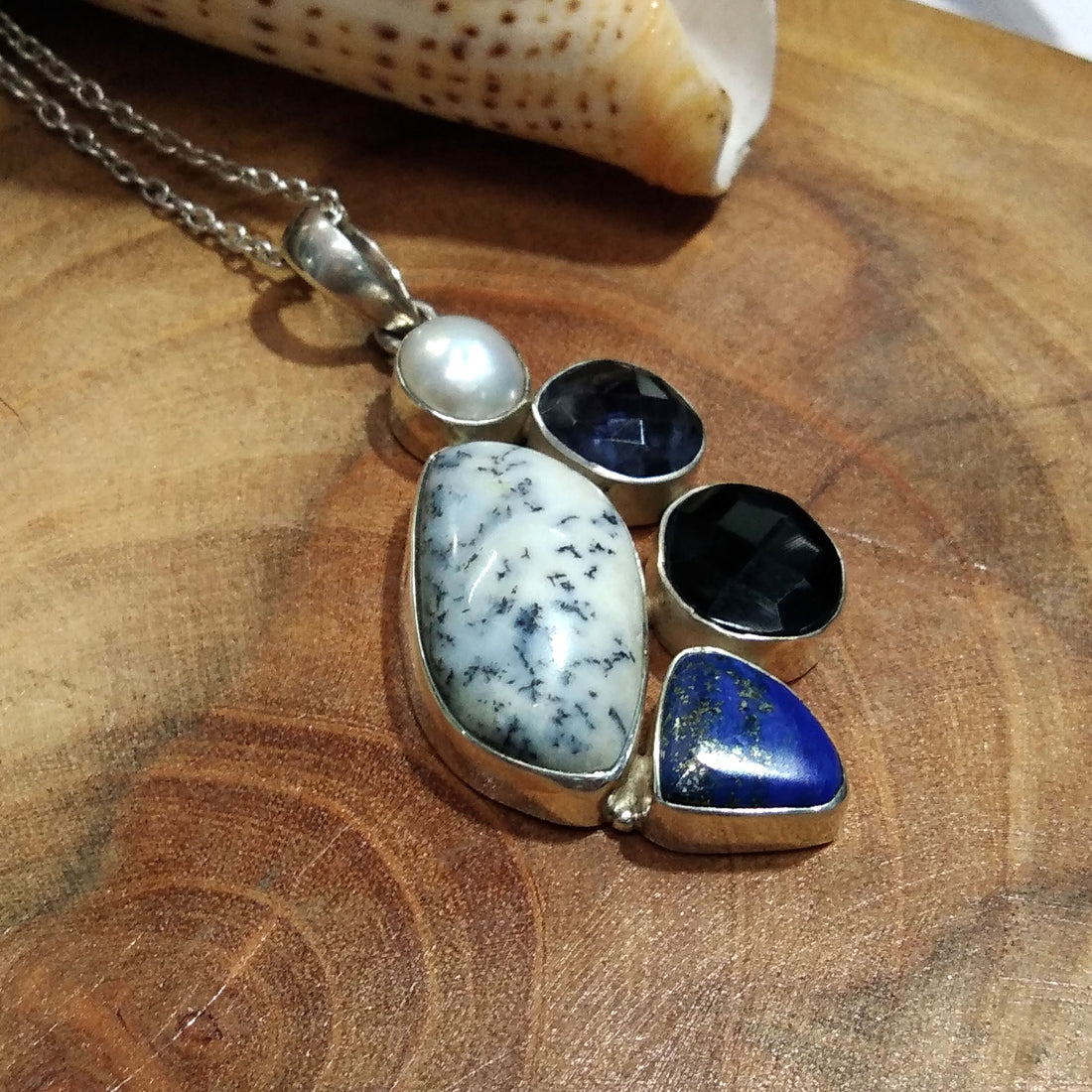 Natural Baroque Pearl,Dendrite Opal,Black Onyx Gemstone Pendant Necklace Chain, 925 Starling Silver Pendant Necklace, Handmade Stone Pendant