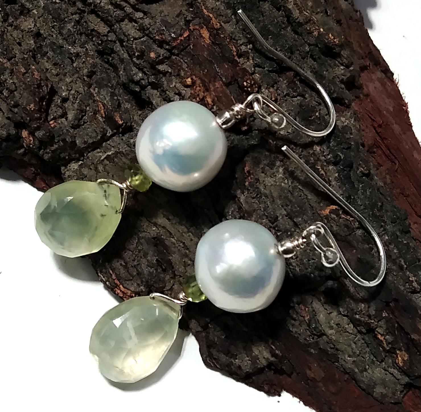 Natural Prehnite/Baroque Pearl Stone Earring, 925 Starling Silver Earring, Prehnite Stone Handmade Earring, Gift Women Bridesmaid Earring