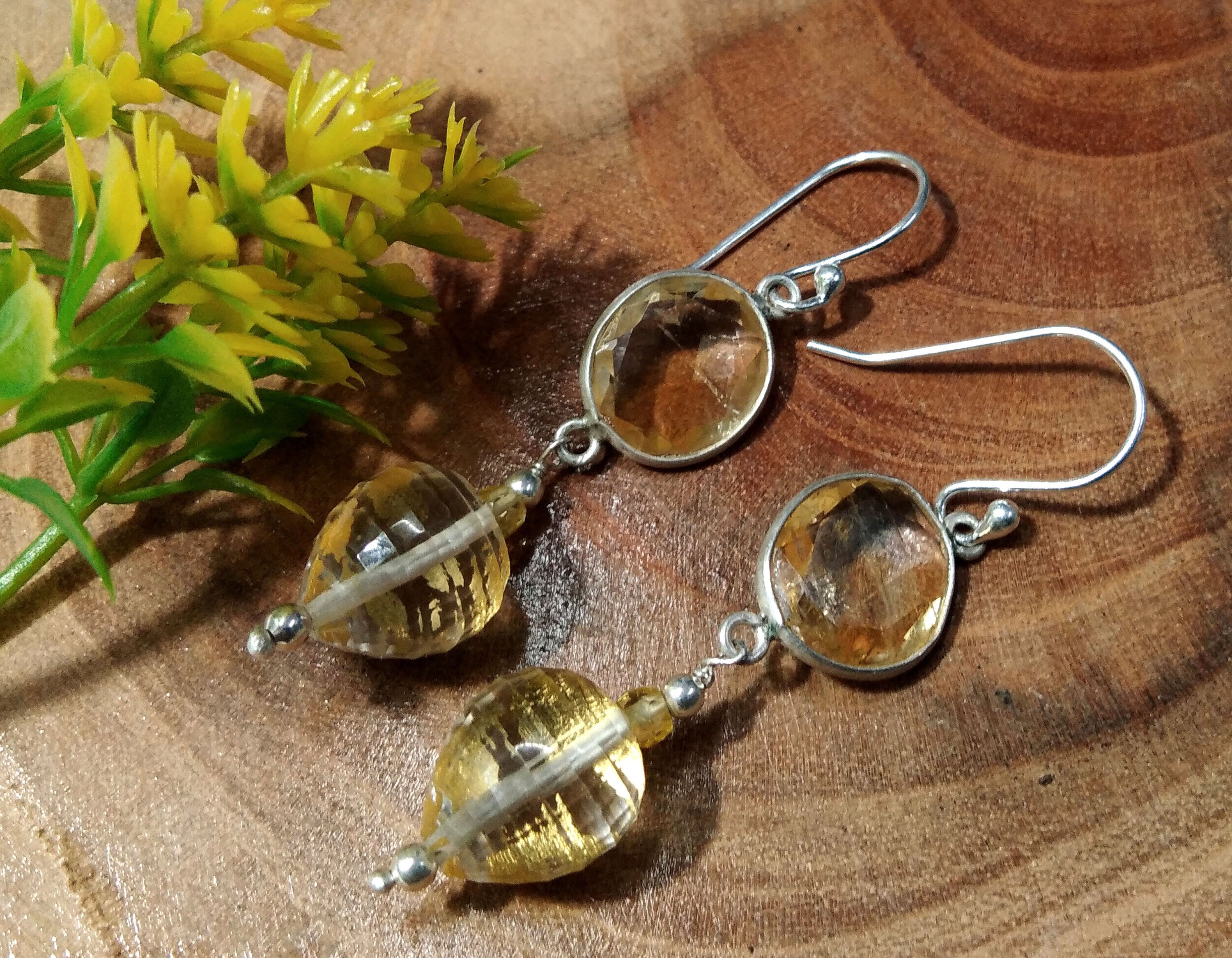 Natural Doublet Gemstone Crystal Quartz & Citrine Earrings, Amazing Color Gemstone With 925 Silver Earring, For Girls/Women