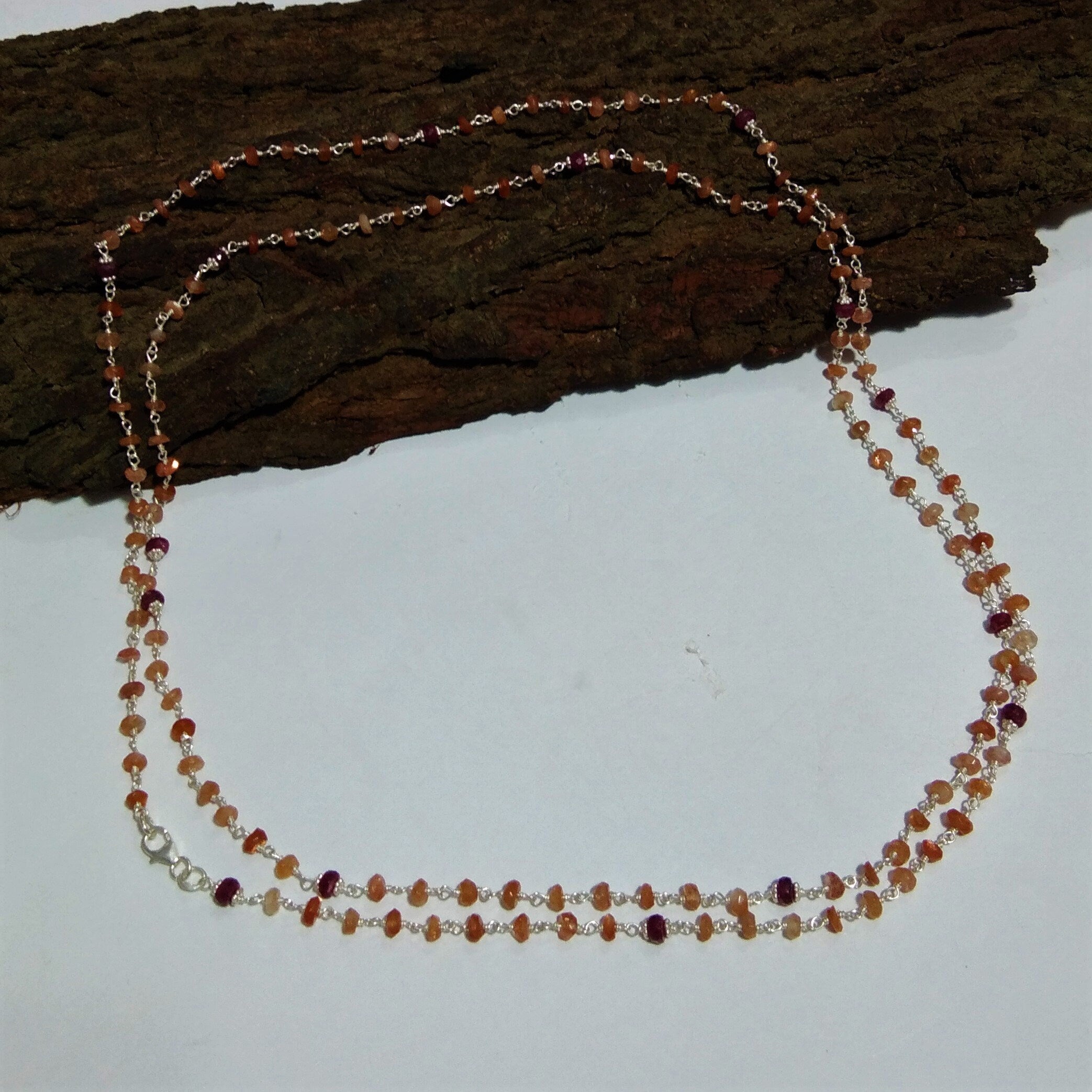 Log Chain Necklace ! Natural Oregon Sunstone 925 Starling Silver Log Chain Necklace,46''Inches Adjuster Chain Necklace Sunstone Beads Chain