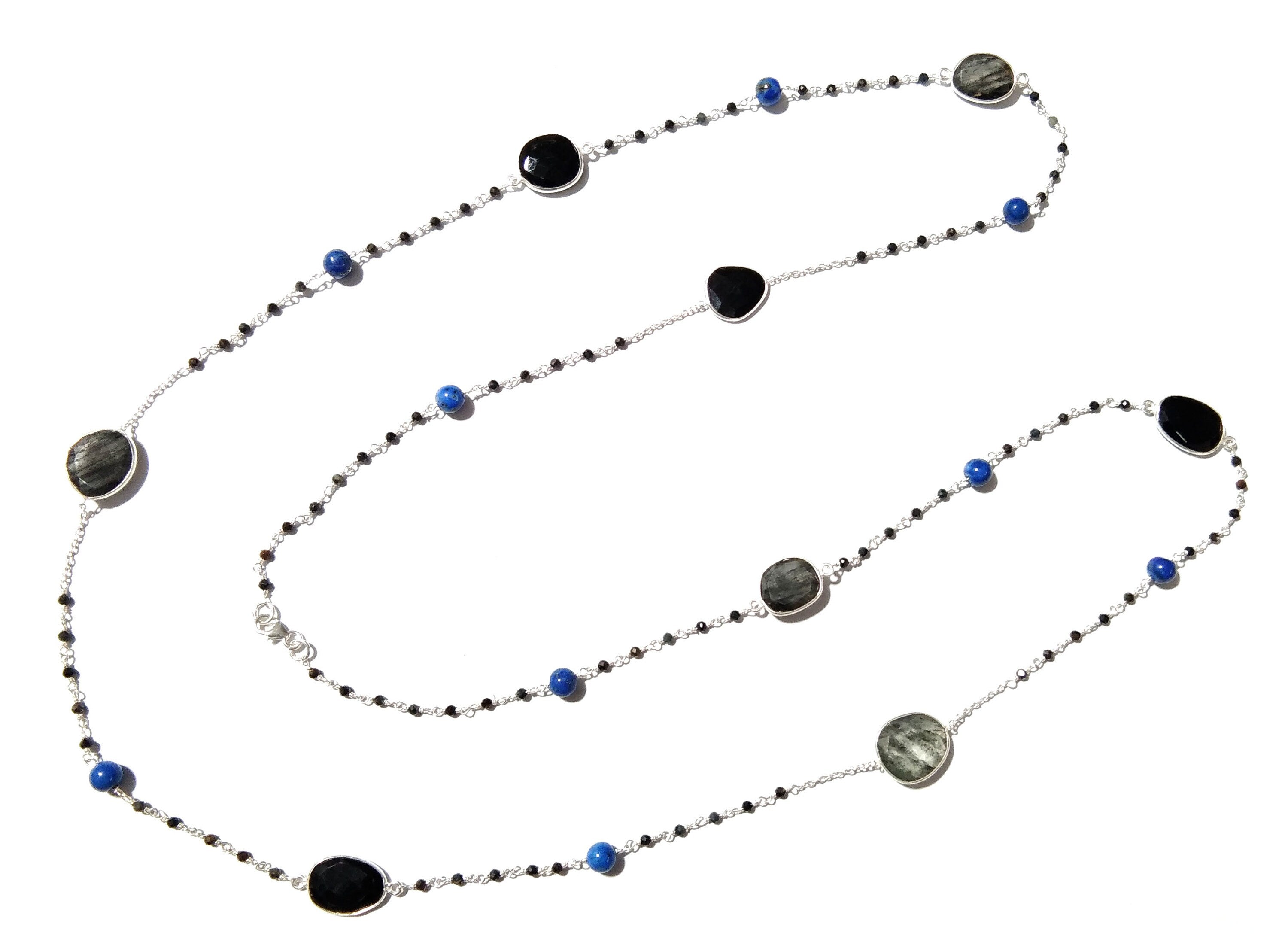 44'' Log Necklace ! Black Rutile Necklace With Lapis Lazuli & Black Onyx, 925 Sterling Silver Jewelry, Handmade Beaded Necklace.