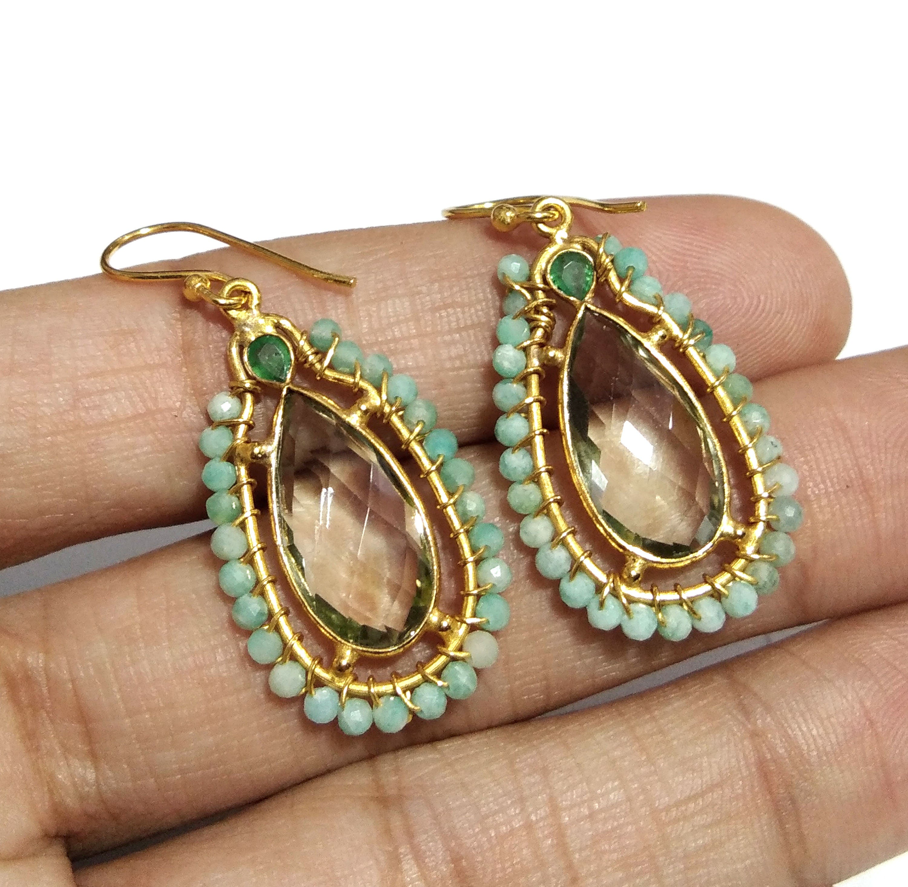 Natural Green Amethyst,Amozonite Bead Stone Earring, 925 Solid Starling Silver Gold Plated Earring, Stone Size 16x8 mm Gift Birthday Earring