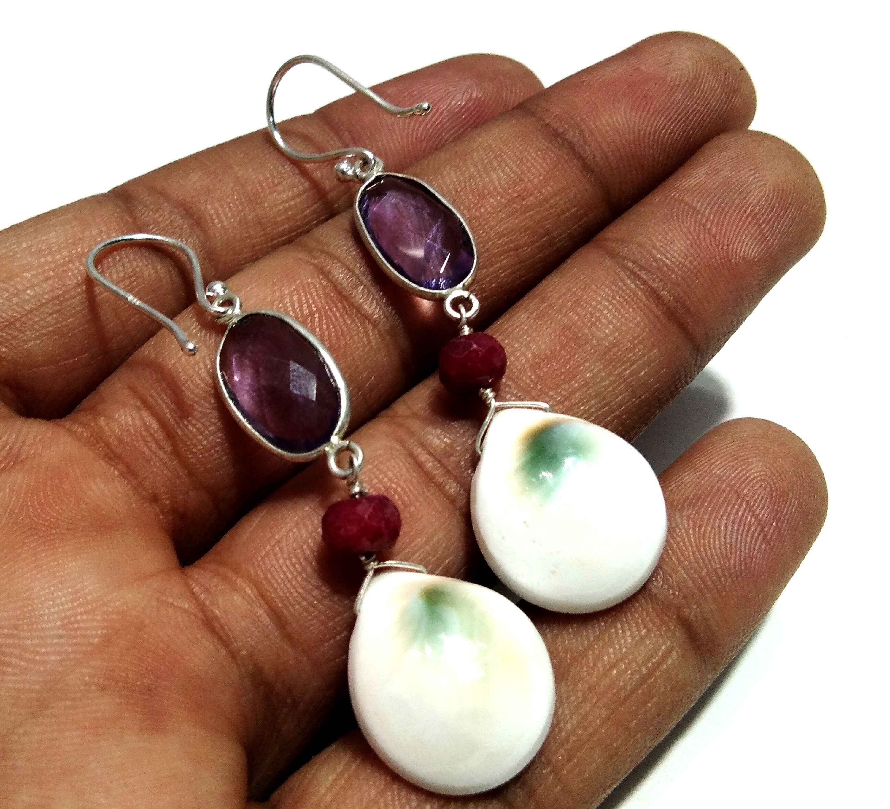Natural Shiva Eye Shell/Amethyst Stone Earring, 925 Solid Starling Silver Earring, A+++ Shiva Eye Shell/Amethyst Stone Size 17x14 mm Earring