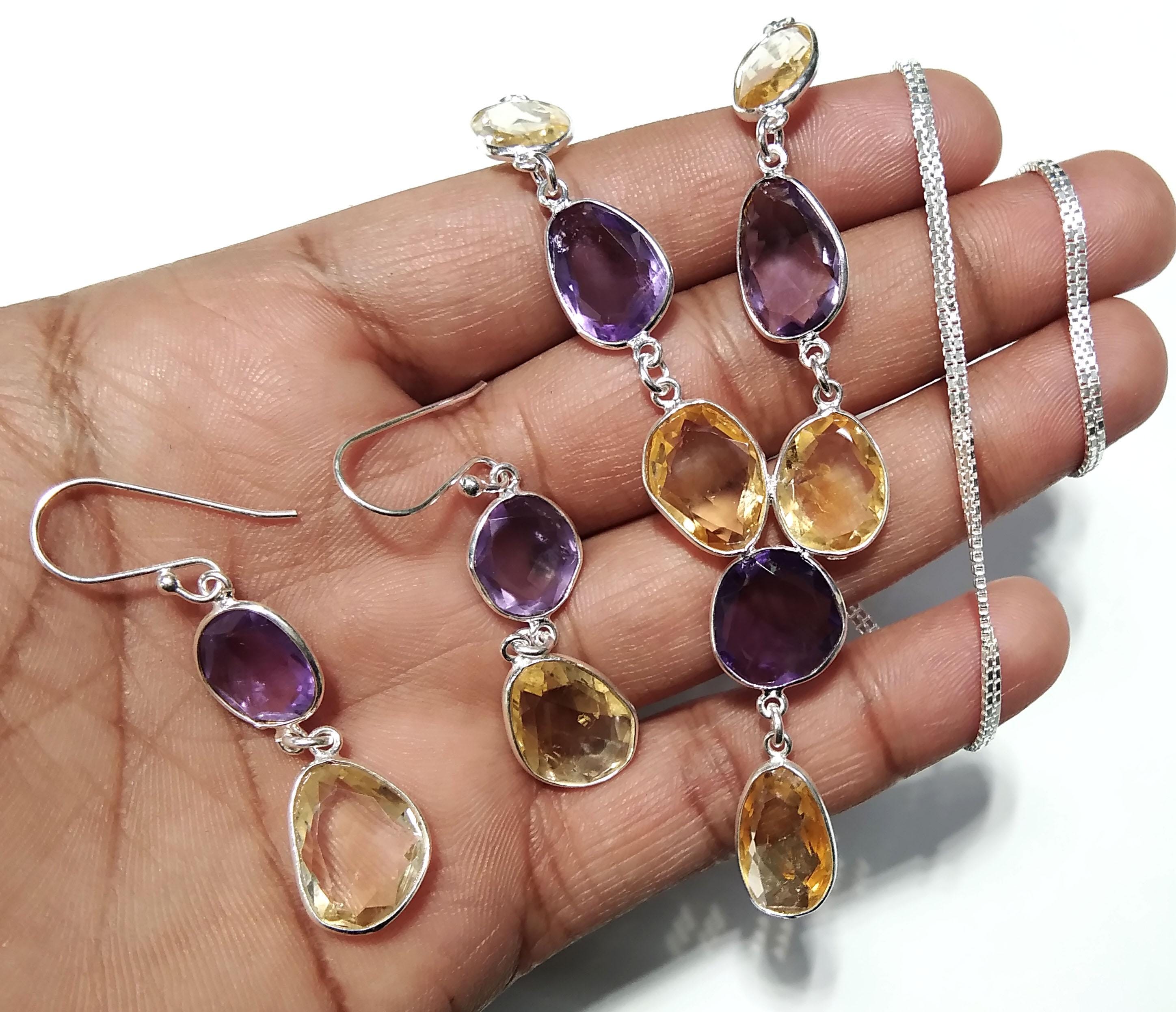 Natural Amethyst/Citrine Necklace Earring Jewelry Set, 925 Solid Sterling Silver Chain Necklace Earring Jewelry Gift For Girls & Women