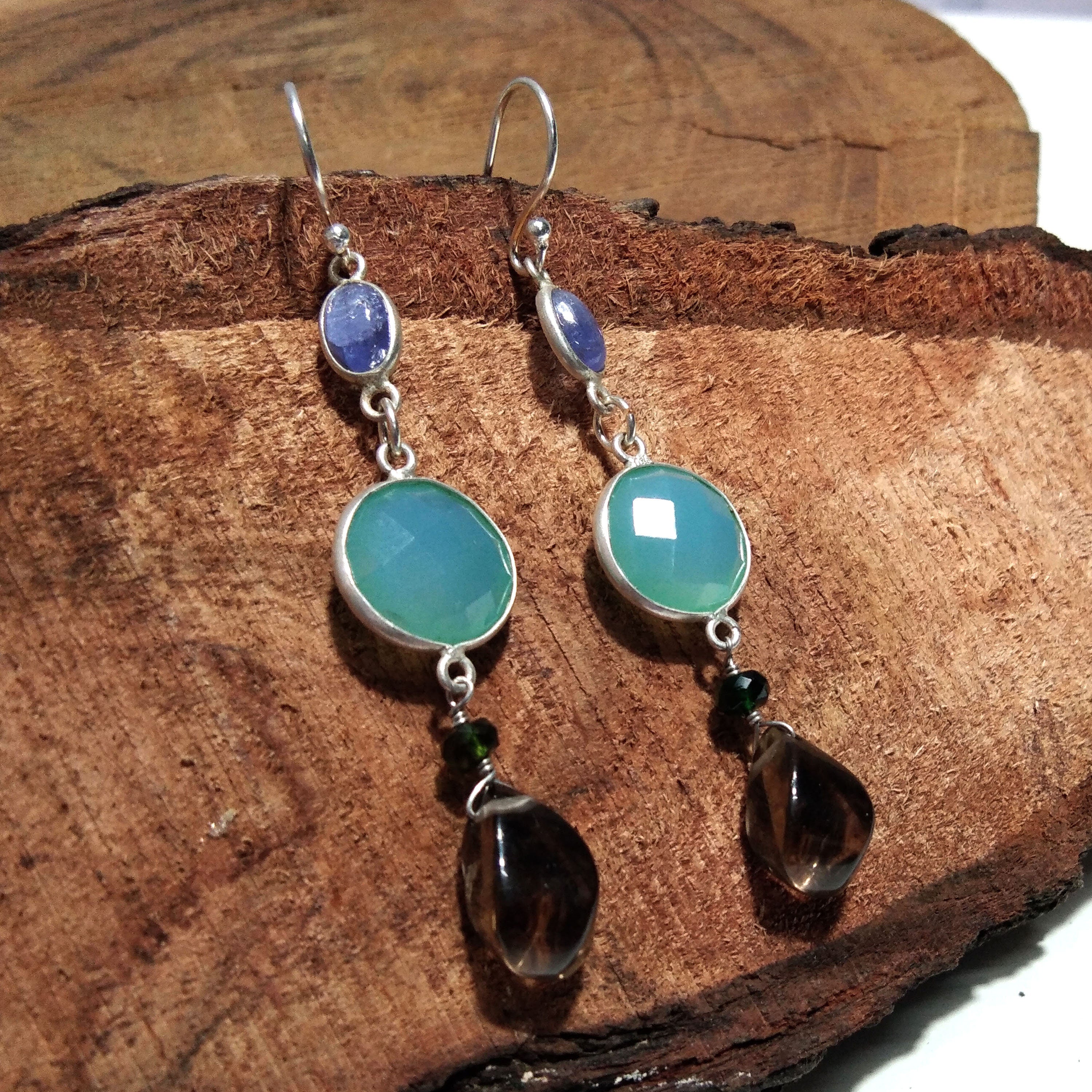 Natural Aqua Chalcedony/Smoky Quartz Earring, 925 Solid Starling Silver Earring, Chalcedony Stone Handmade Gift Women Earring Jewelry