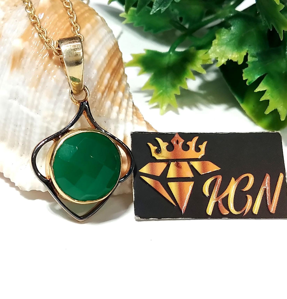 Natural Green Onyx Checker Cut Stone Chain Pendant, 925 Starling Silver Gold/Black Plated Pendant Jewelry Round Shape Gift Easter Pendant