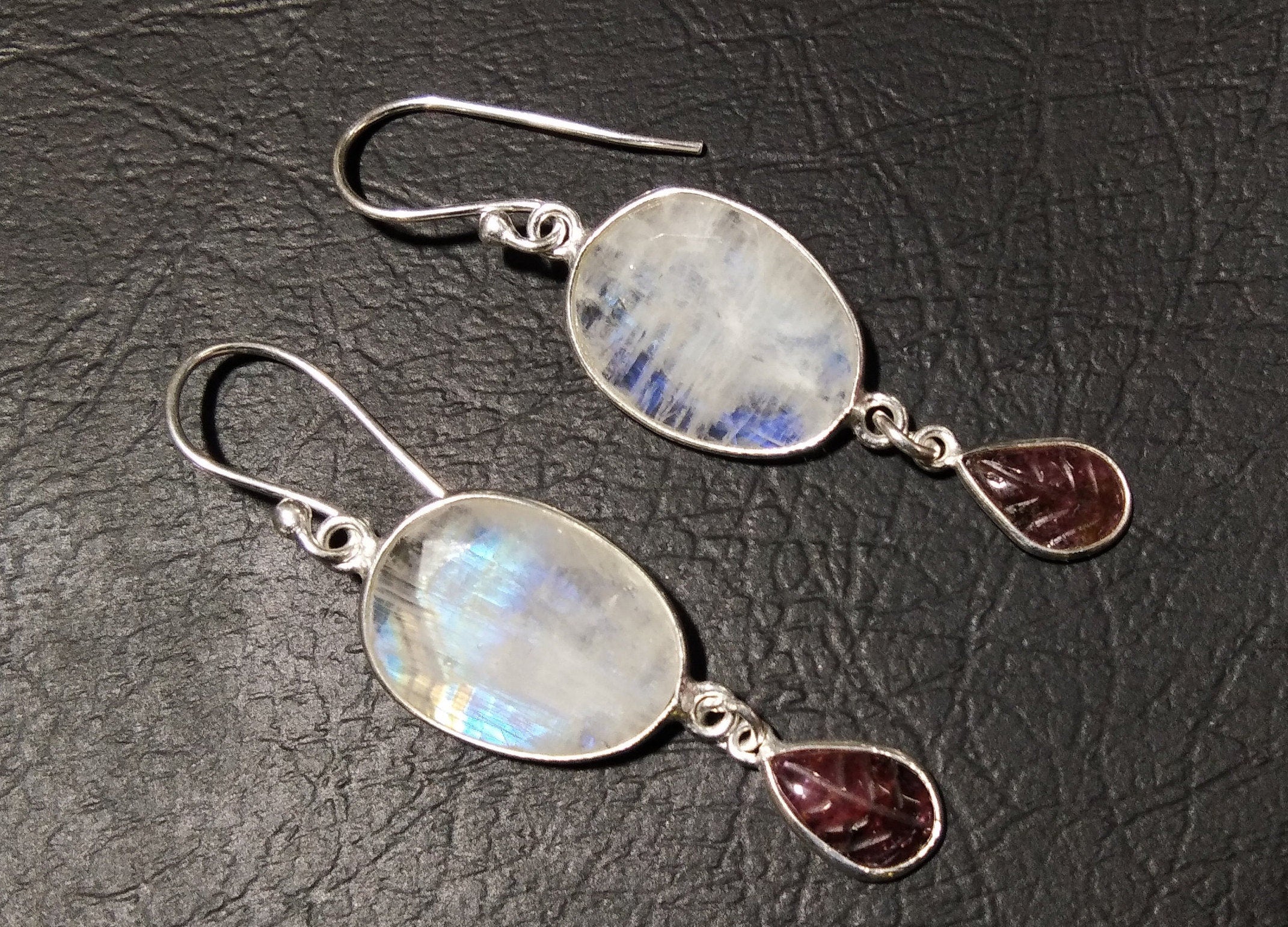 Rainbow Moonstone, Tourmaline Carving Earring, 925 Starling Silver With Natural Gemstone Earring, Bezel Stylish Earring, For Gift Item Etc.