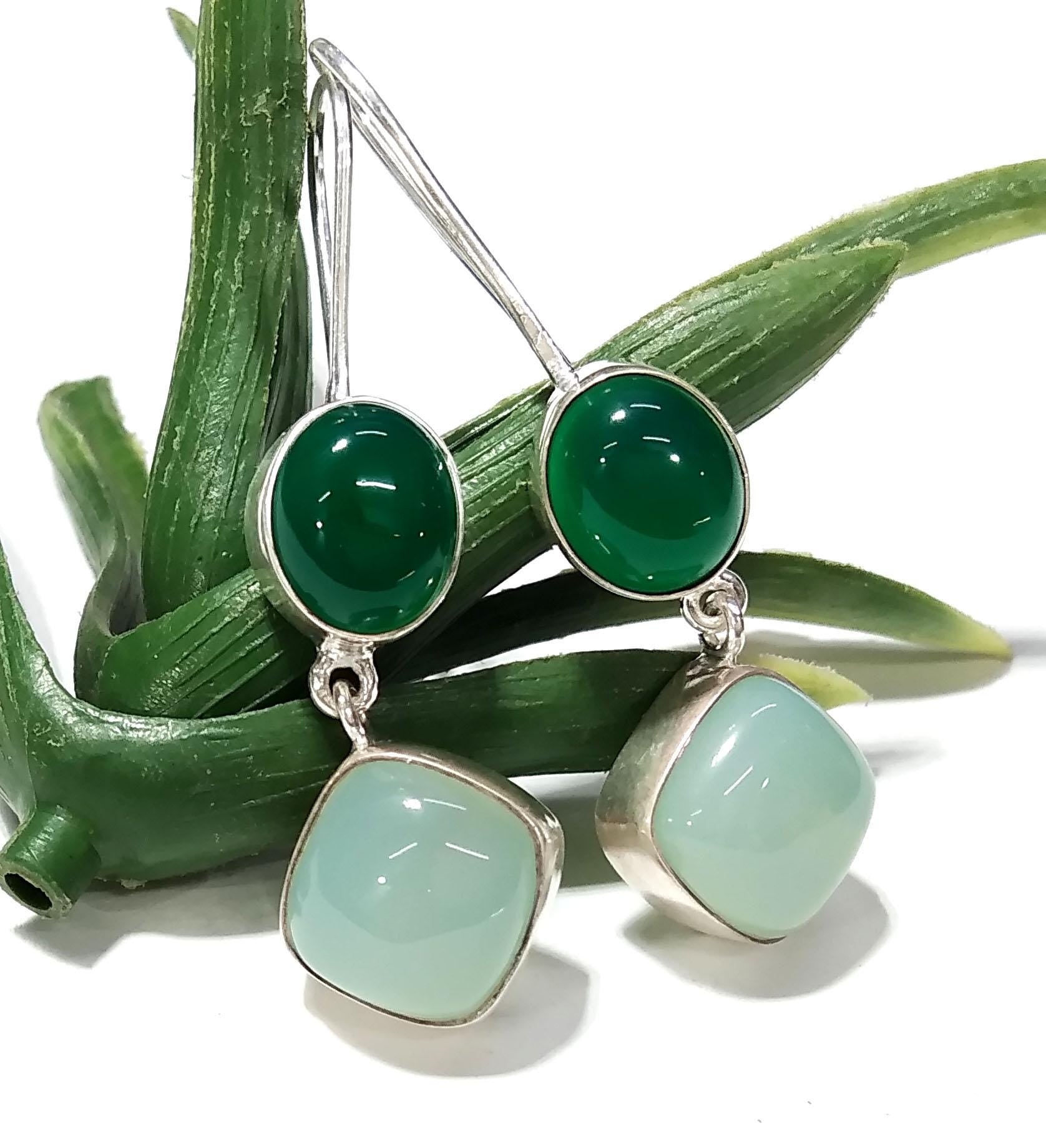 Natural Aqua Chalcedony, Green Onyx Stone Earring, 925 Sterling Silver Earrings, Handmade Making Jewelry Earring, Gift For Girls & Women.