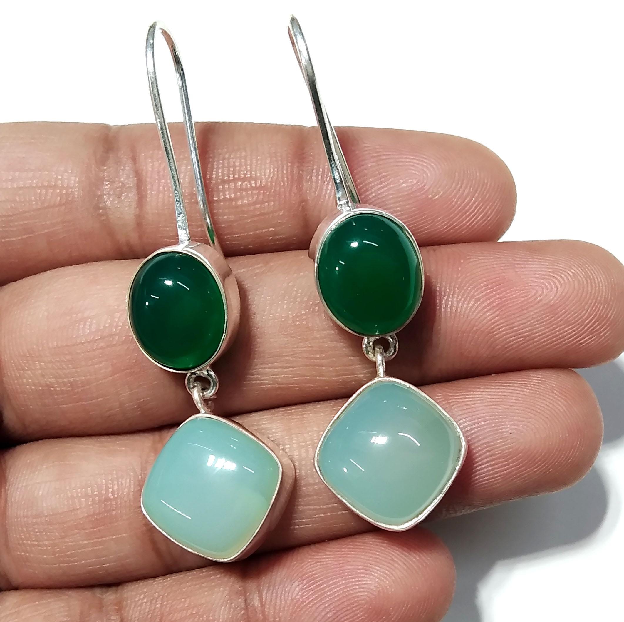 Natural Aqua Chalcedony, Green Onyx Stone Earring, 925 Sterling Silver Earrings, Handmade Making Jewelry Earring, Gift For Girls & Women.