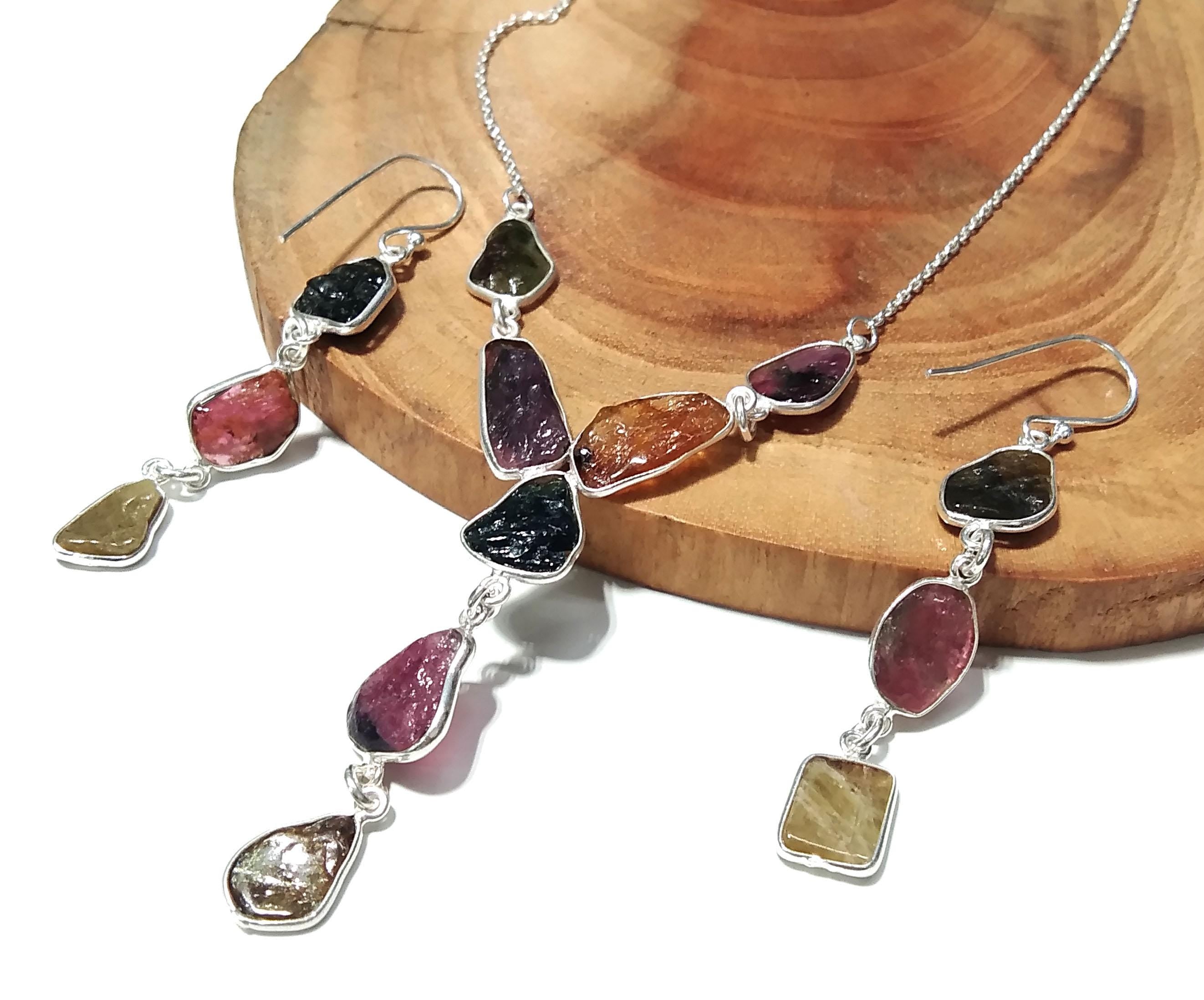 Natural Multi Tourmaline Gemstone Necklace Earring Jewelry Set, 925 Sterling Silver Necklace Earrings Jewelry, Gift For Her May Birthstone