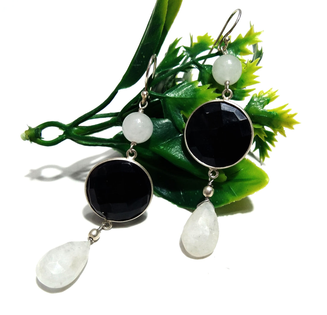 Natural Black Onyx, Rainbow Moonstone Earring, 925 Solid Starling Silver Earring, Handmade Black Onyx Stone Earring, Gift Women Earring's