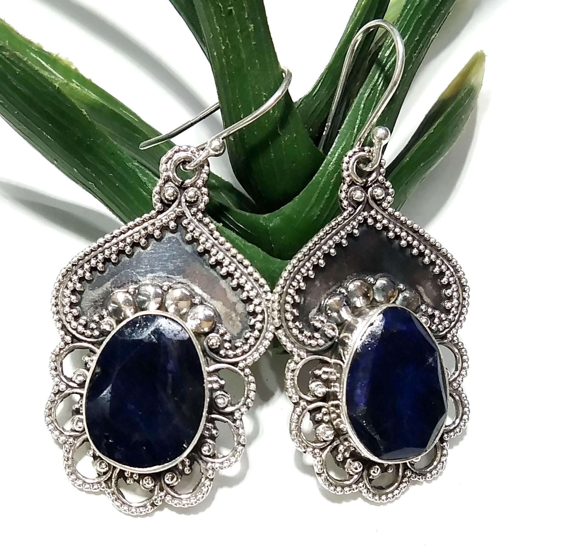 Natural Blue Sapphire Earrings Gemstone, 925 Solid Starling Silver Earring Jewelry, Oval Shape Stone Size 16x12 mm Sapphire For Gift Earring