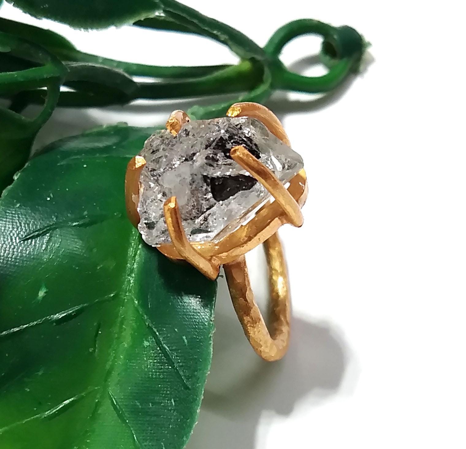 Herkimer Diamond Ring, Raw Herkimer Diamond Ring, 925 Sterling Silver Gold Plated Ring, Nice Design Good Making Gift Ring, For Men & Women.