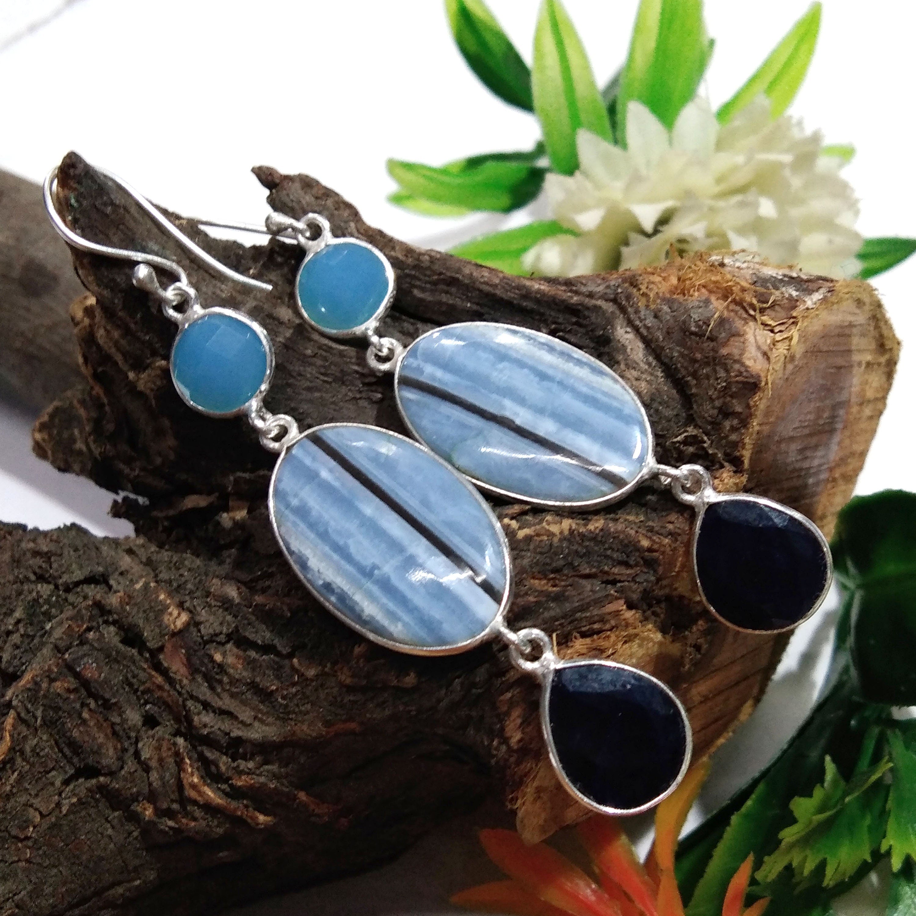 Natural Blue Opal, Blue Sapphire Gemstone Earring, 925 Solid Starling Silver Earring, Handmade Silver Jewelry Stone Earring, Gift Birthday