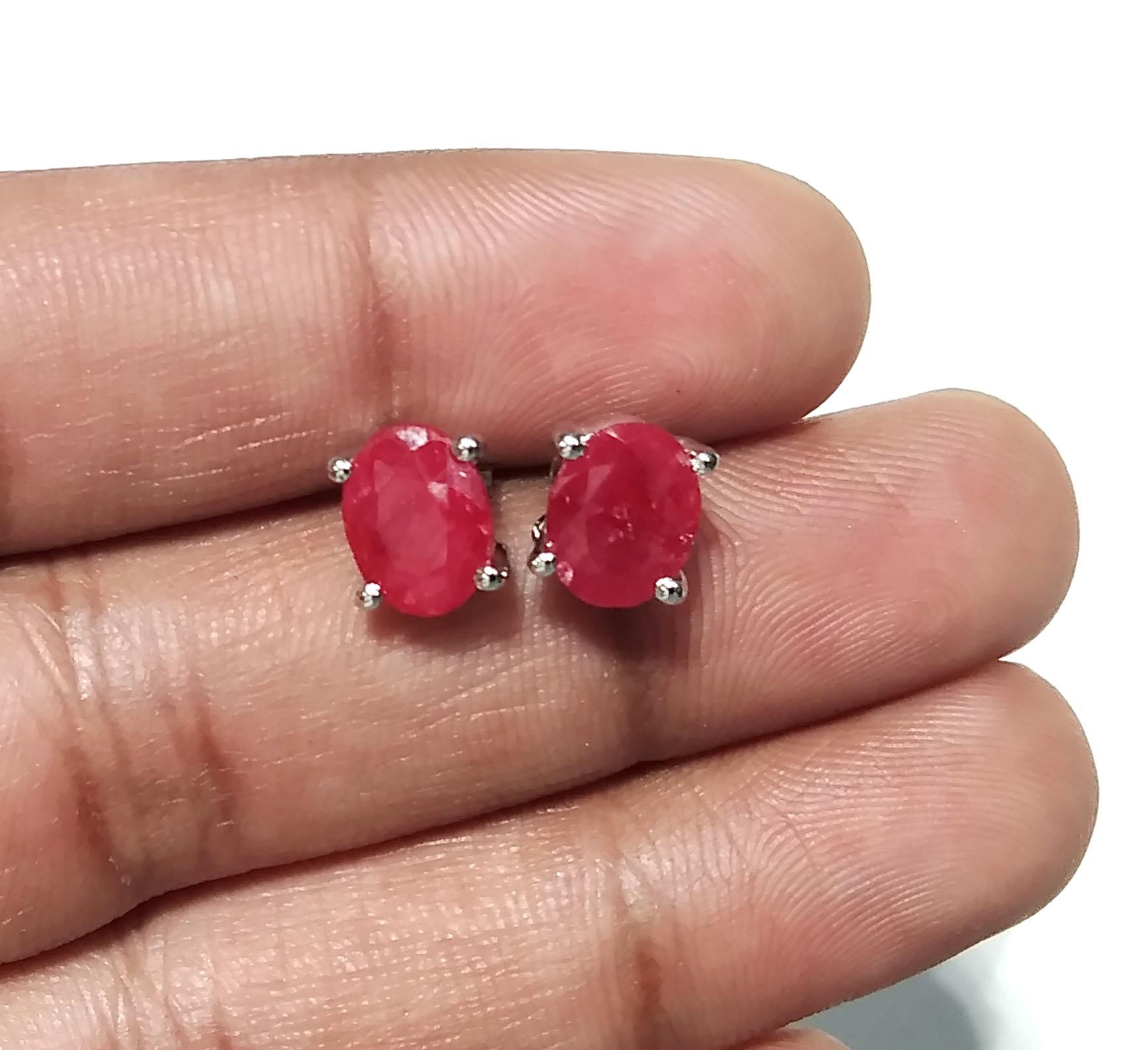 Natural Red Ruby Stud Earrings, 925 Starling Silver Earring Jewelry, Red Ruby Gemstone Oval Shape Stone Size 8x6mm Birthday Gift For Her