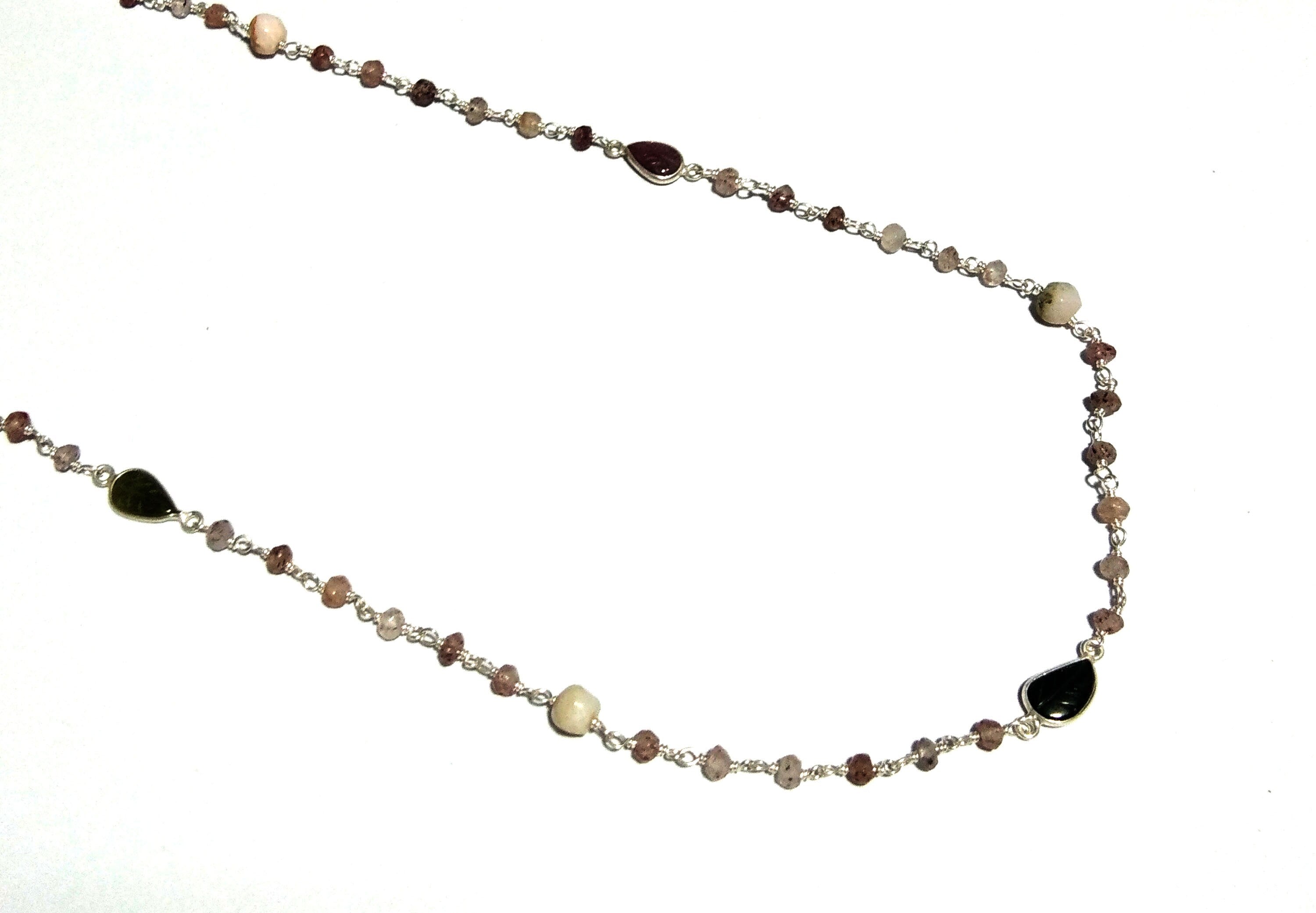 Natural Cherry Quartz/Tourmaline Carving Beads Stone Chain Necklace, 925 Starling Silver Chain 44''Inches Gift Beads Chain Necklace Jewelry