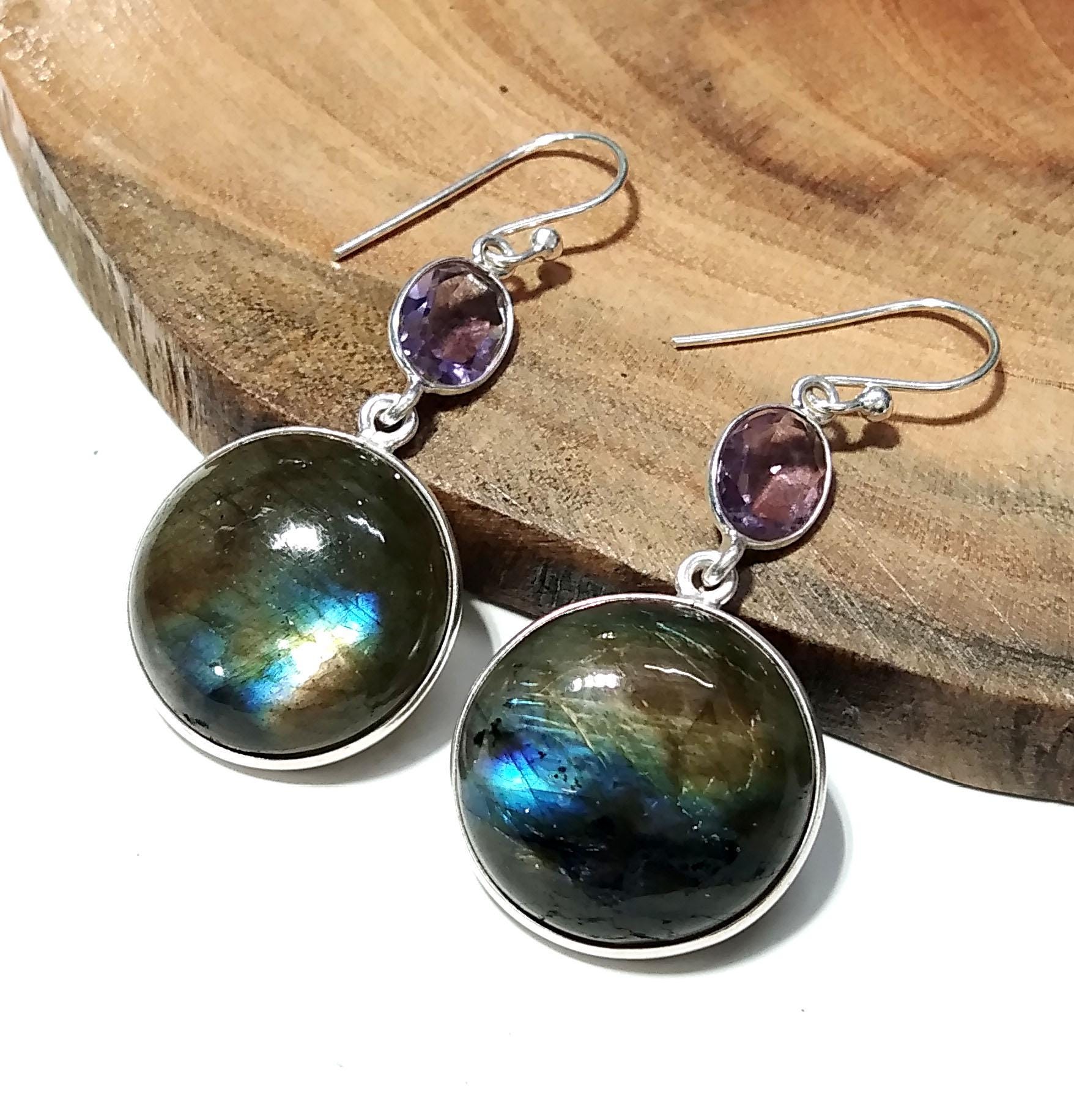 Labradorite, Amethyst Gemstone Earring, 925 Solid Starling Silver Earring, Natural Labradorite Stone Size 20x20mm Gift For Girls & Women.