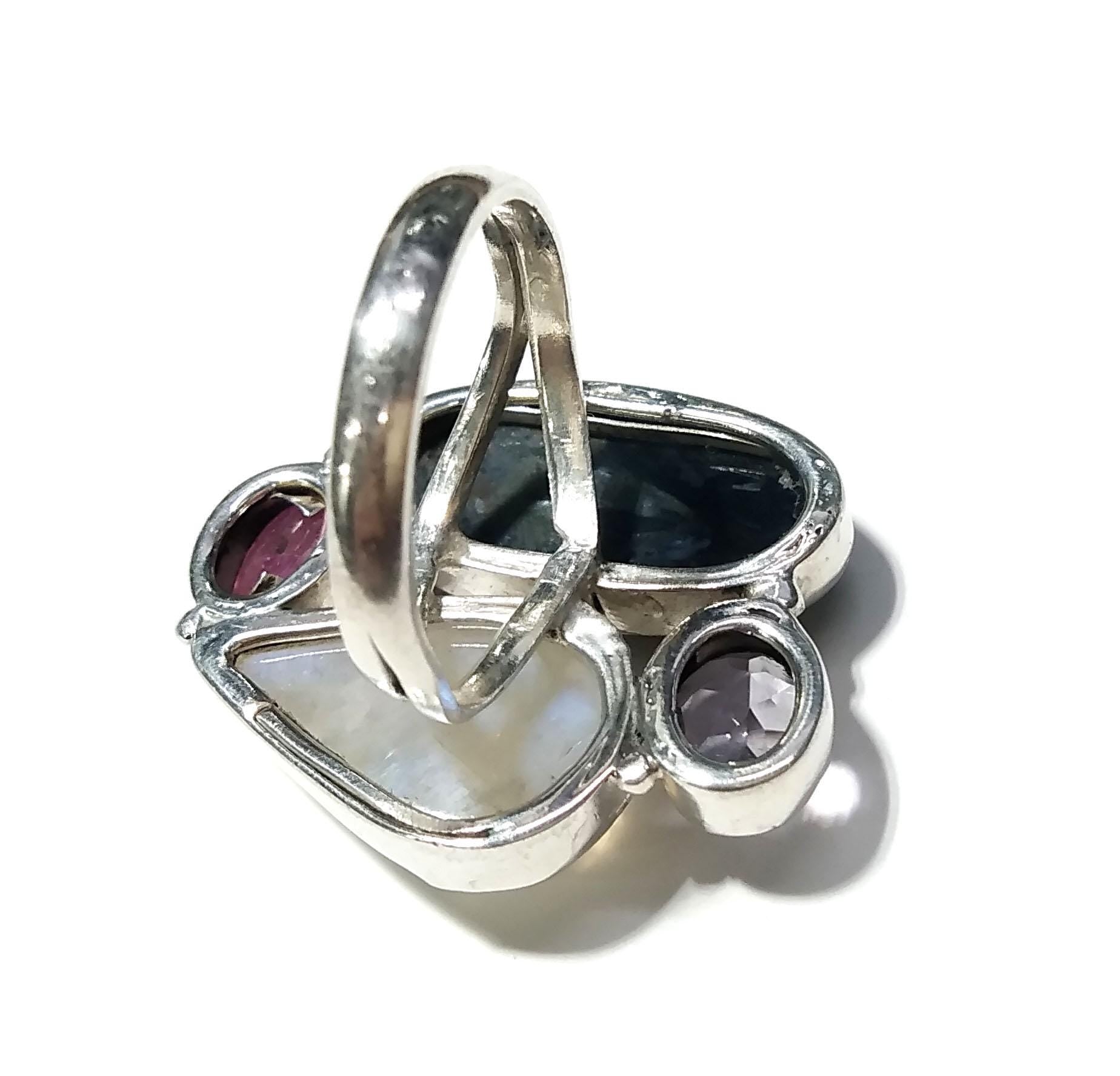 Pietersite,Rainbow Moonstone,Ruby And Amethyst Multi Stone Ring, 925 Solid Sterling Silver Jewelry, Natural Gemstone Ring, Handmade Jewelry.