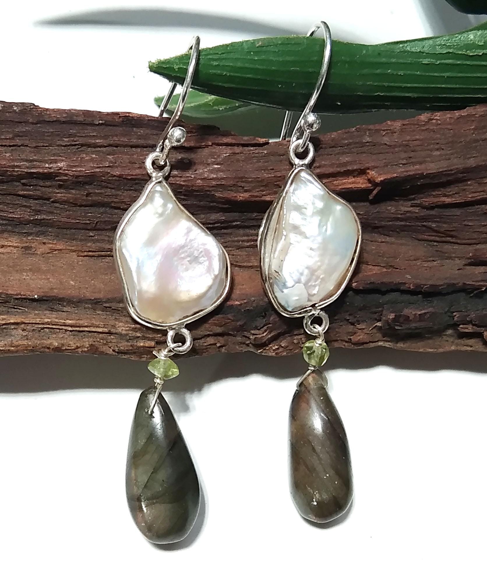 Natural Fresh Water Baroque Pearl/Labradorite Stone Drop Earring, 925 Solid Starling SilverJewelry Earring, Gemstone Gift Wedding Earring