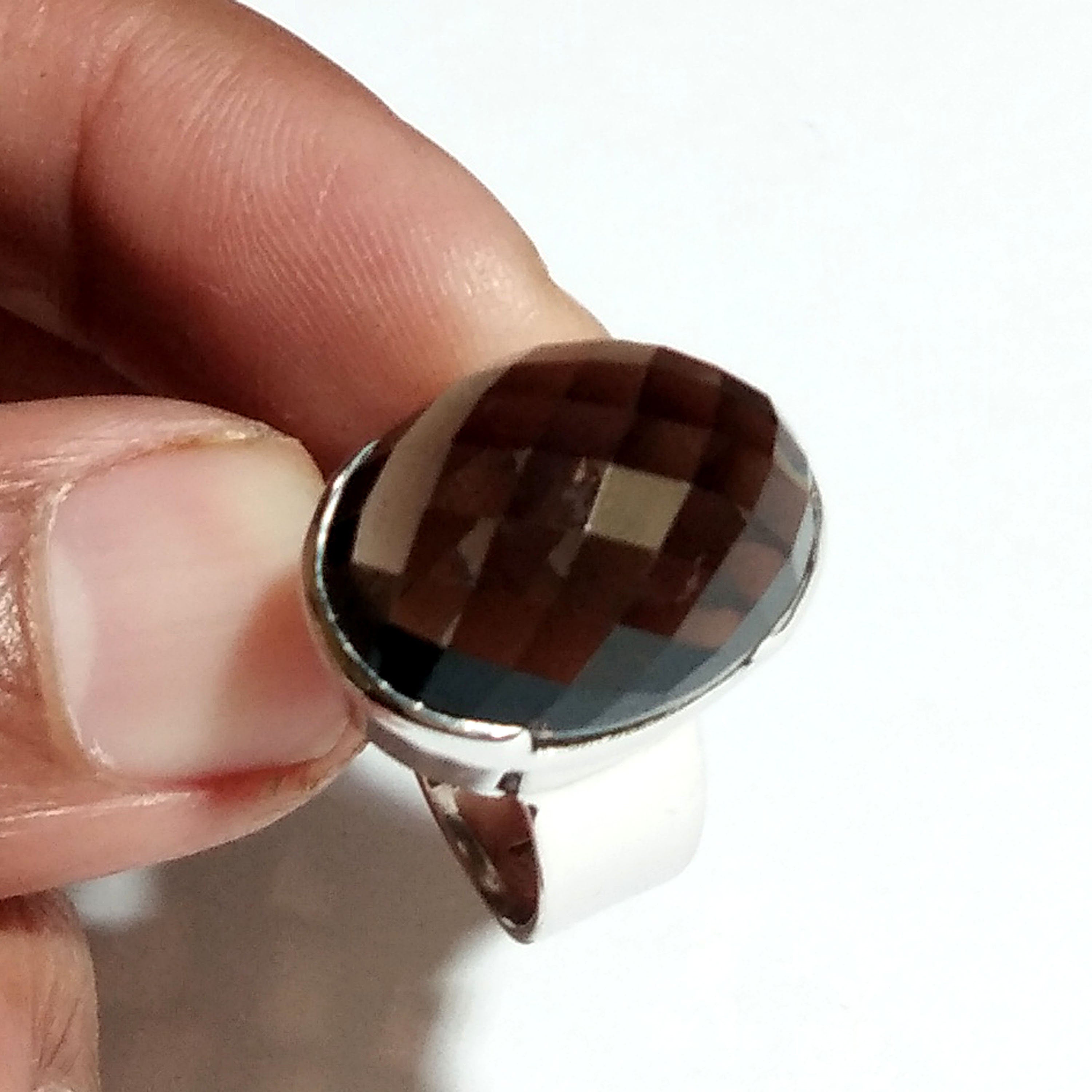 Natural Smoky Quartz Ring, Checker Cut Stone Ring, Solid 925 Starling Silver Ring Jewelry, Oval Shape Stone Size 21x15 mm Birthstone Ring