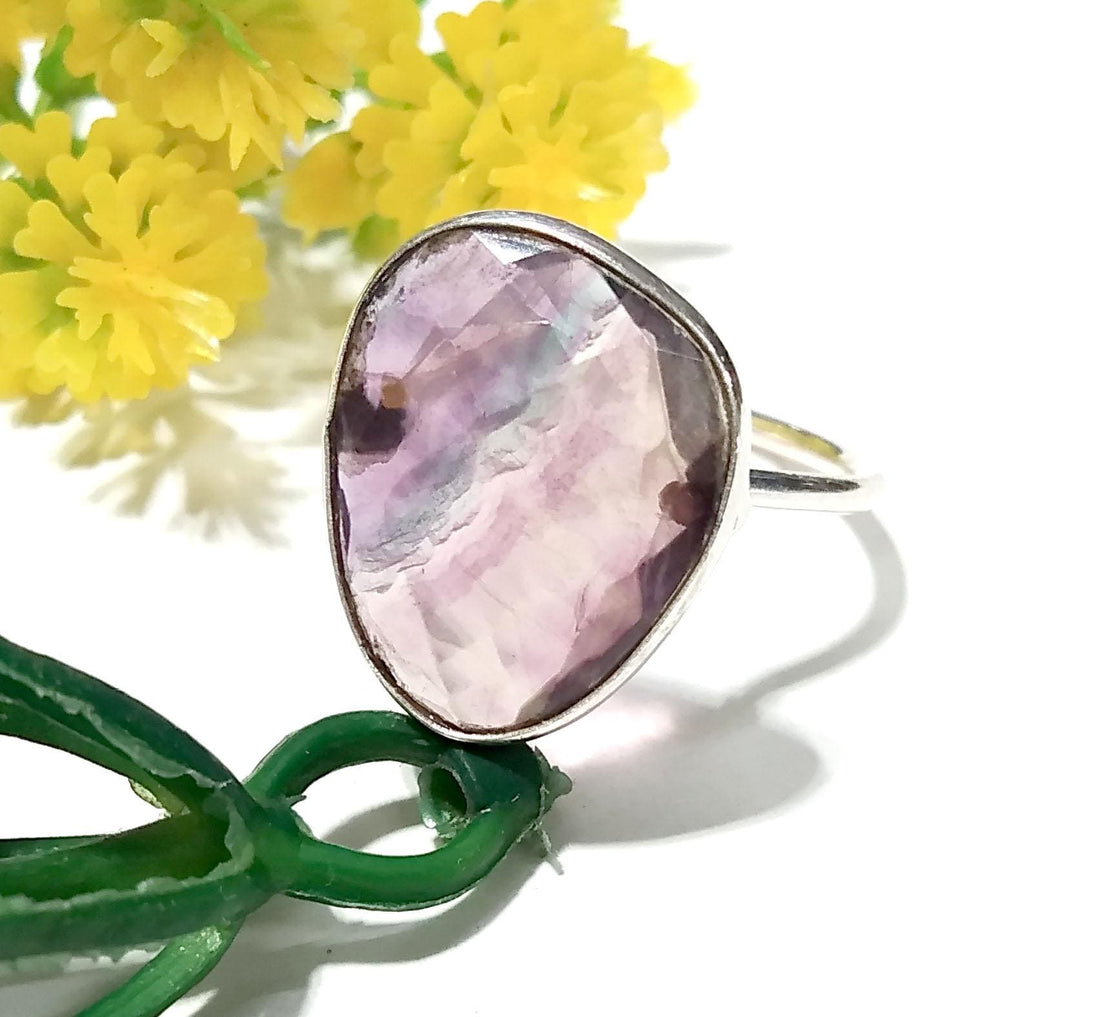 Natural Green And Purple Fluorite Ring, 925 Solid Sterling Silver Ring, Stone Size 17x14mm Handmade Silver Ring, Crystal Ring For Women Gift