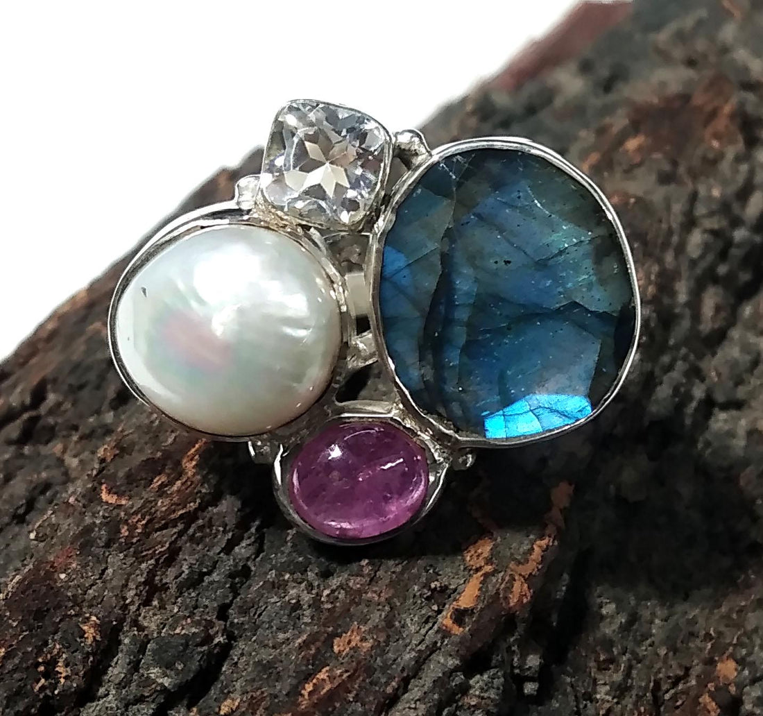 All Natural Gemstone Rings, Freshwater Pearl, Labradorite, Ruby & White Topaz Ring, 925 Starling Silver Ring, Handmade Silver Ring Jewelry