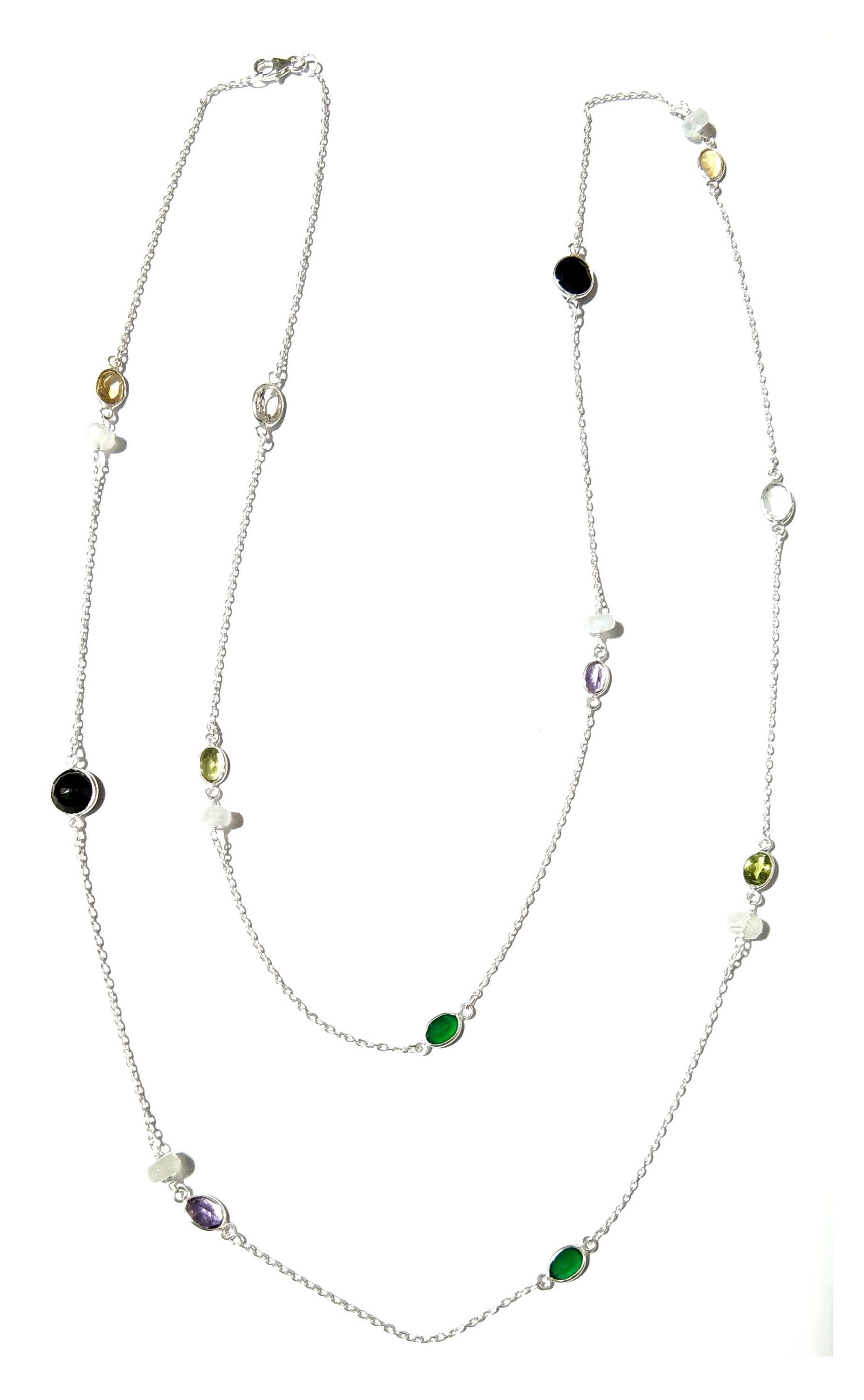 Beautiful Nice Multi Stone Beaded Log Necklace ! Natural Gemstone With 925 Starling Silver Necklace For Girls,Women Necklace Length 36 inch.