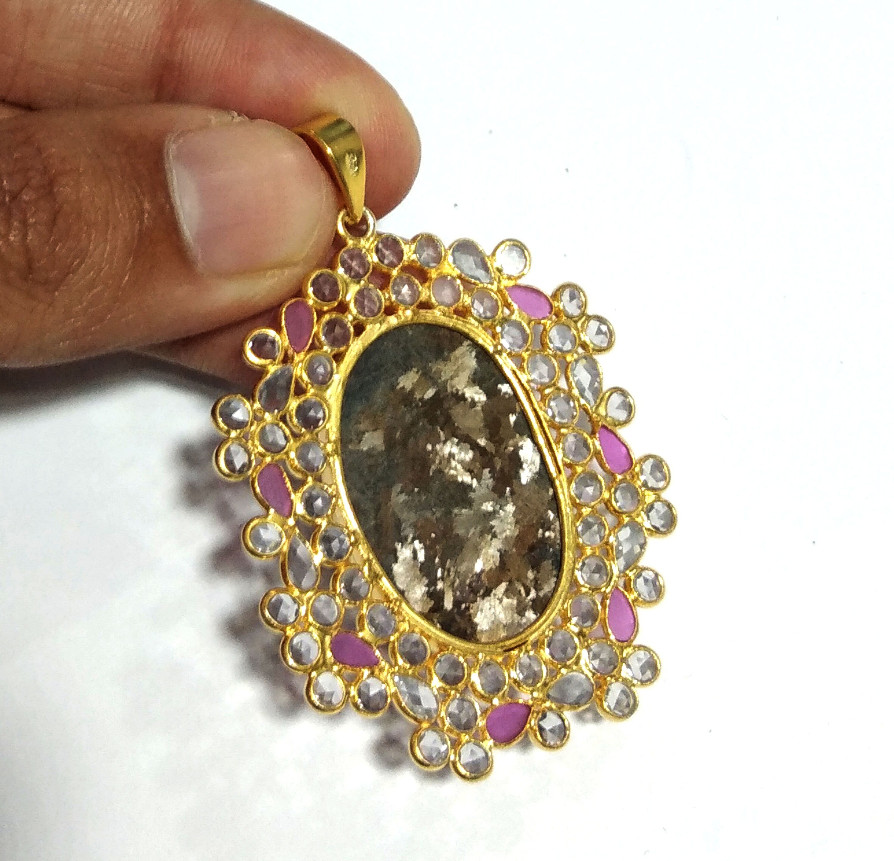 Natural Bronzite/White Zircon Stone Pendant, 925 Solid Starling Silver Gold Plated Pendant, Stone Size 30x20mm Gift Birthstone Pendant