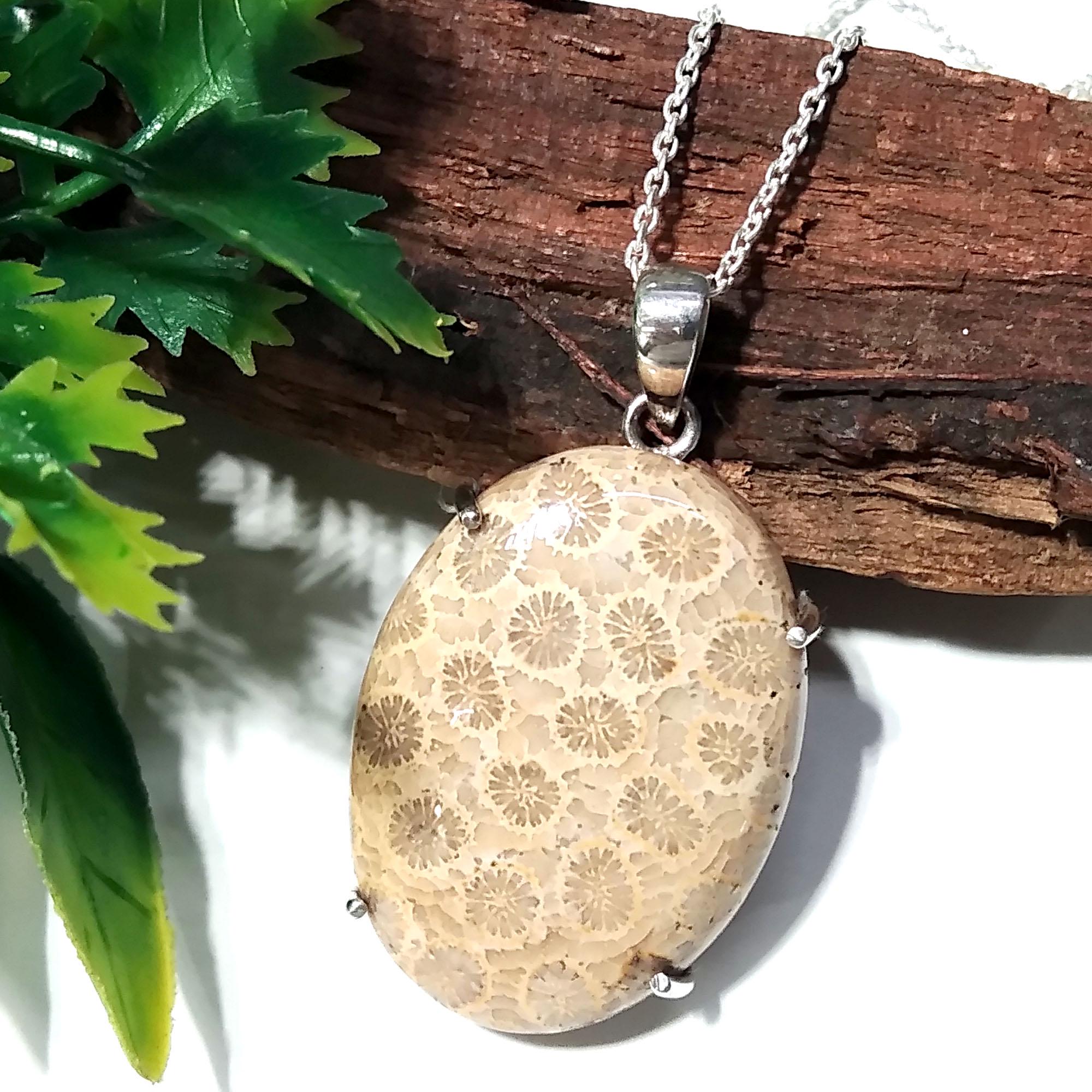 Natural Fossil Coral Gemstone Pendant, 925 Starling Silver Pendant Chain Necklace, Handmade Stone Size 32x23 mm Gift Birthstone Pendant