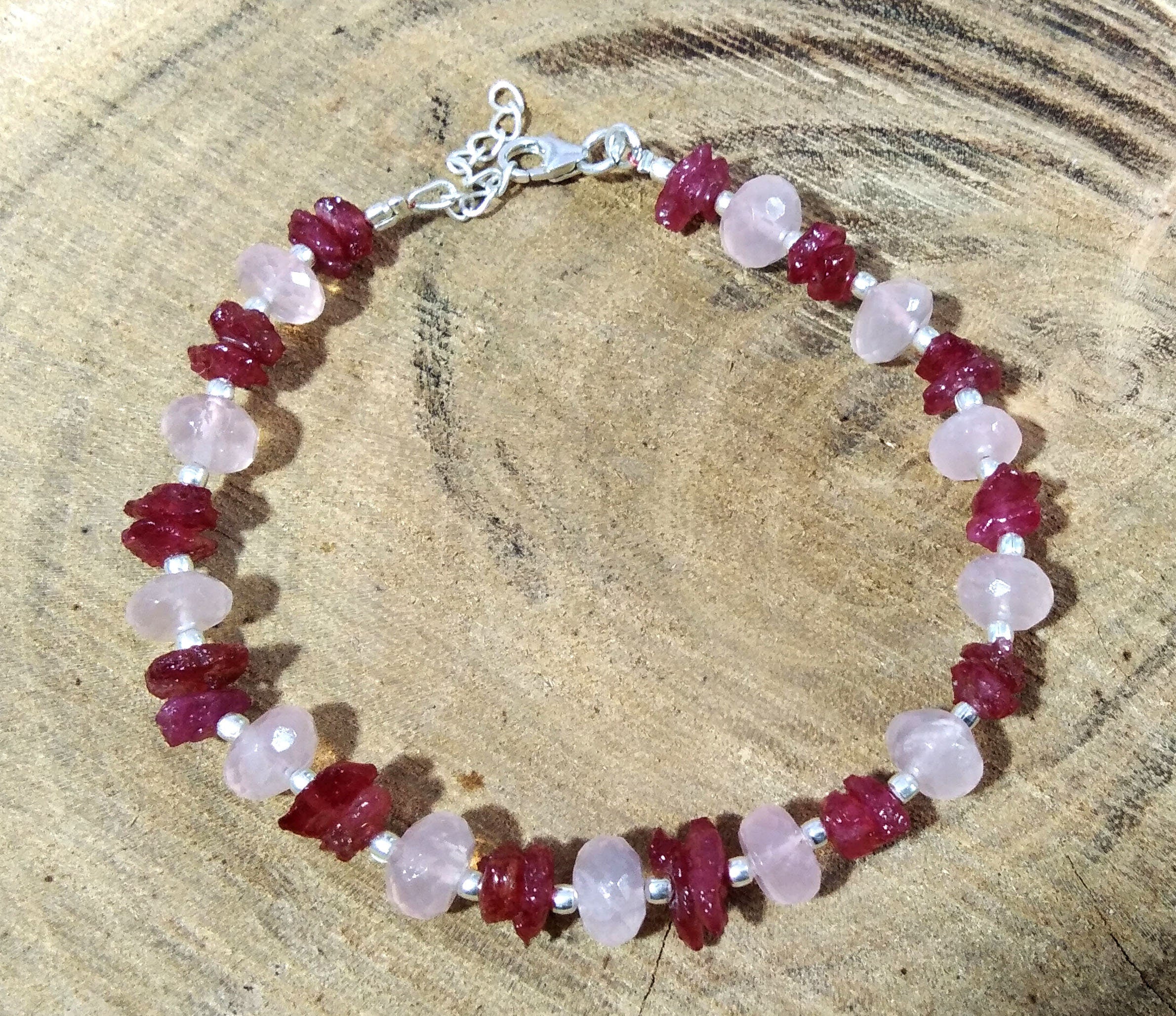 Natural Gemstone Ruby & Rose Quartz Bracelet, Healing Crystal Stone Beaded Bracelet, Bridesmaid Gift, Friendship Bracelet 925 Silver Jewelry