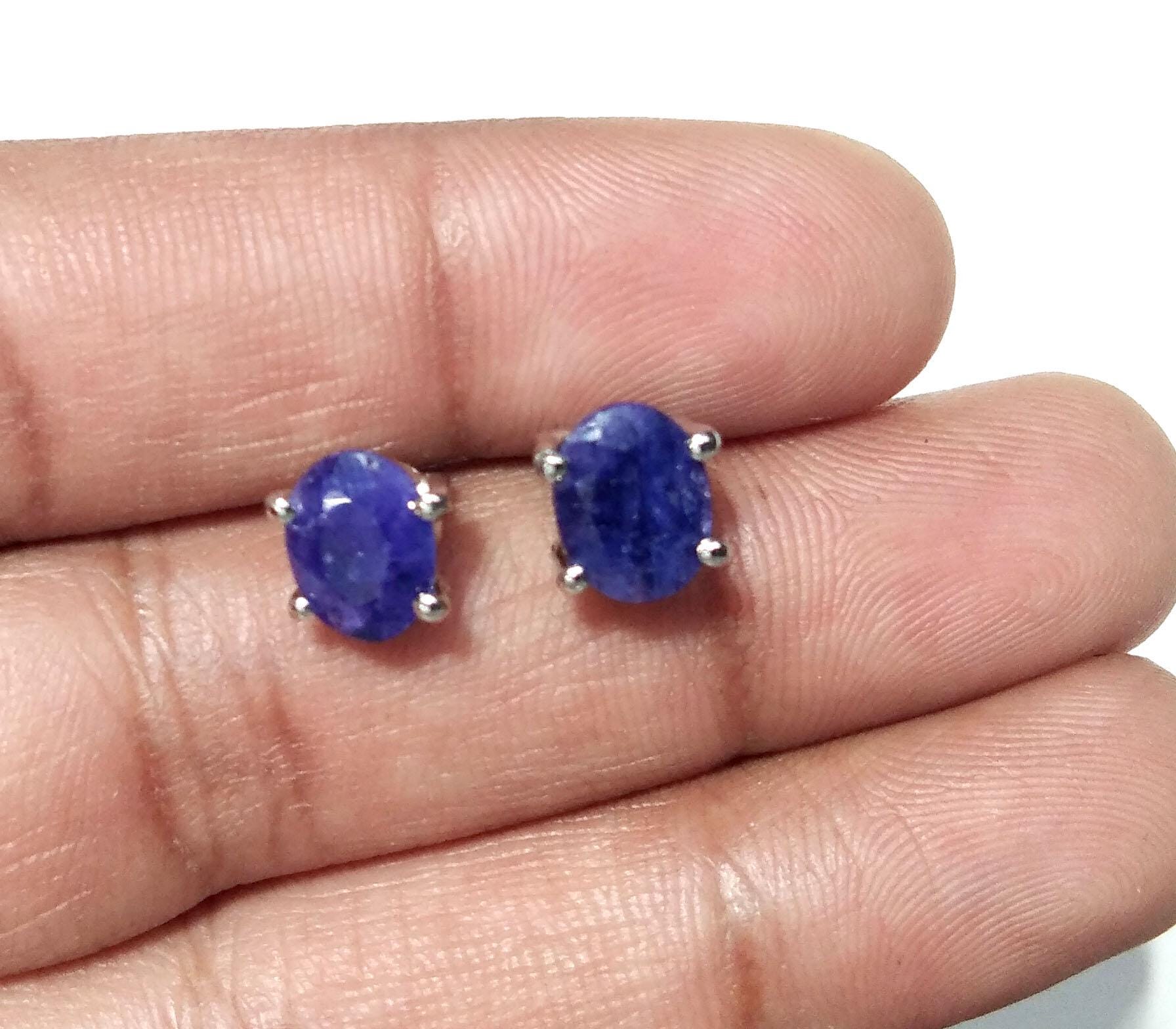 Blue Sapphire Stud Earrings, 925 Solid Silver Earring Jewelry, Sapphire Gemstone Oval Shape Stone Size 8x6mm Birthday Gift For Her Studs