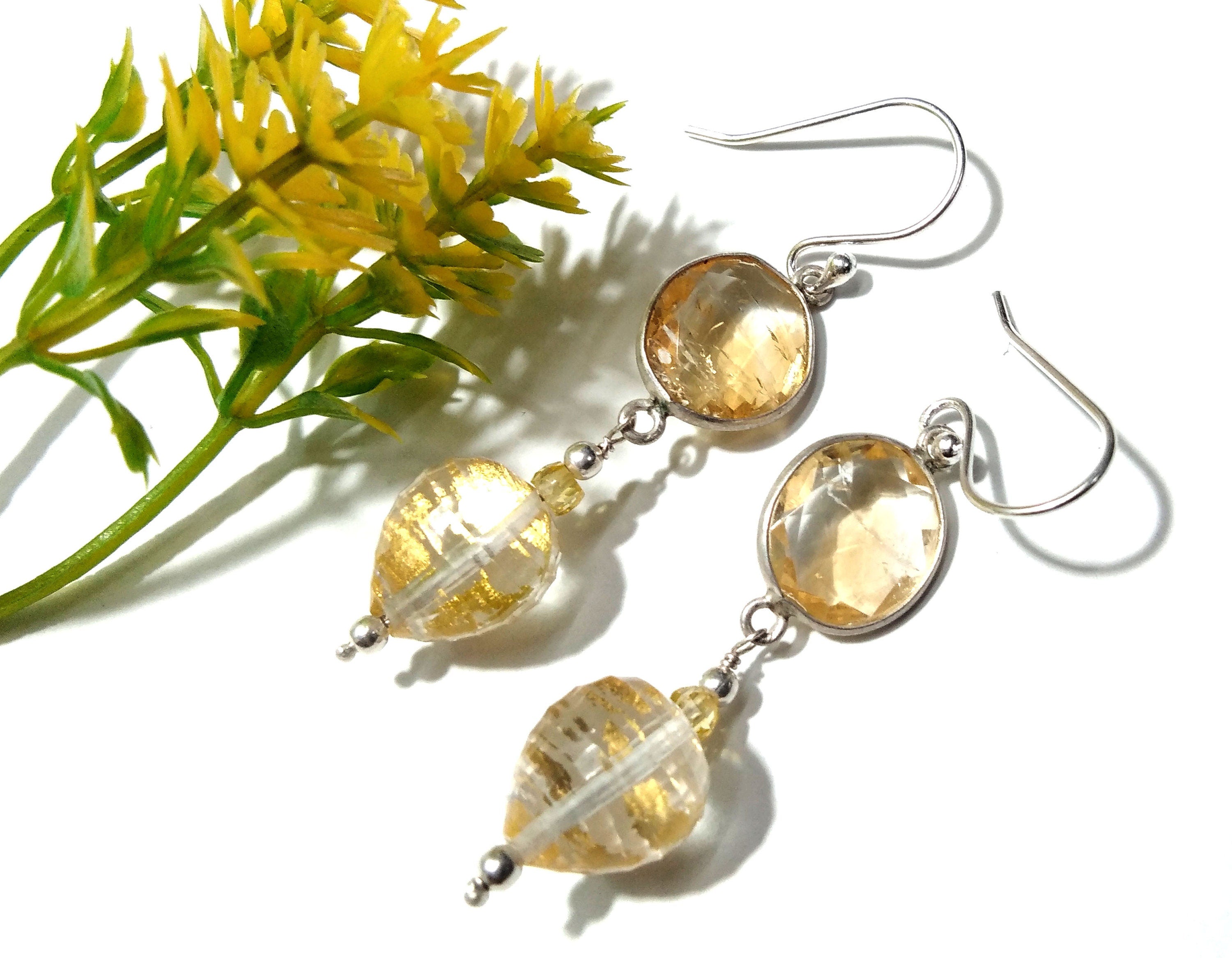 Natural Doublet Gemstone Crystal Quartz & Citrine Earrings, Amazing Color Gemstone With 925 Silver Earring, For Girls/Women