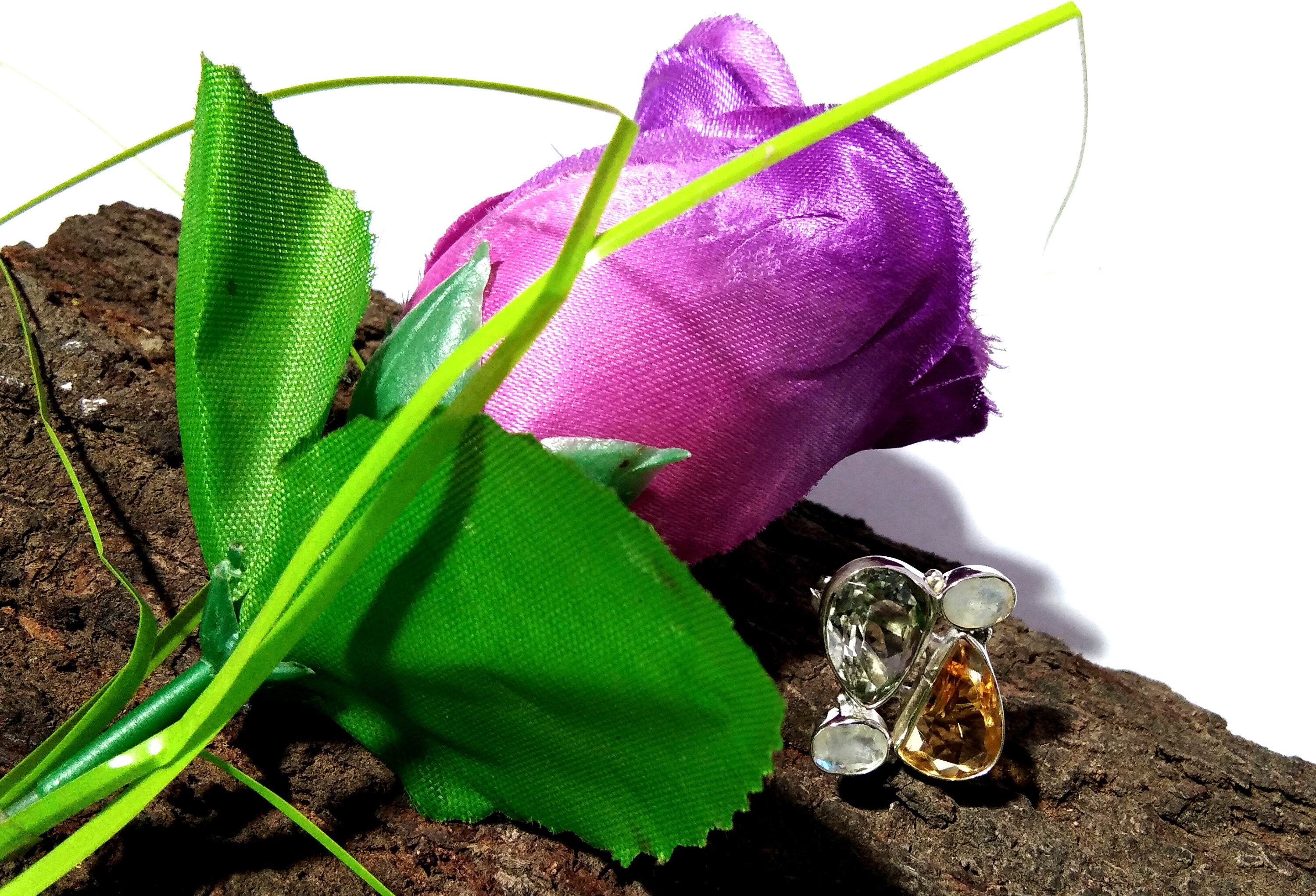 Green Amethyst, Citrine & Rainbow Moonstone Rings, 925 Sterling Silver Jewelry, Multi Natural Gemstone Ring, Handmade Jewelry