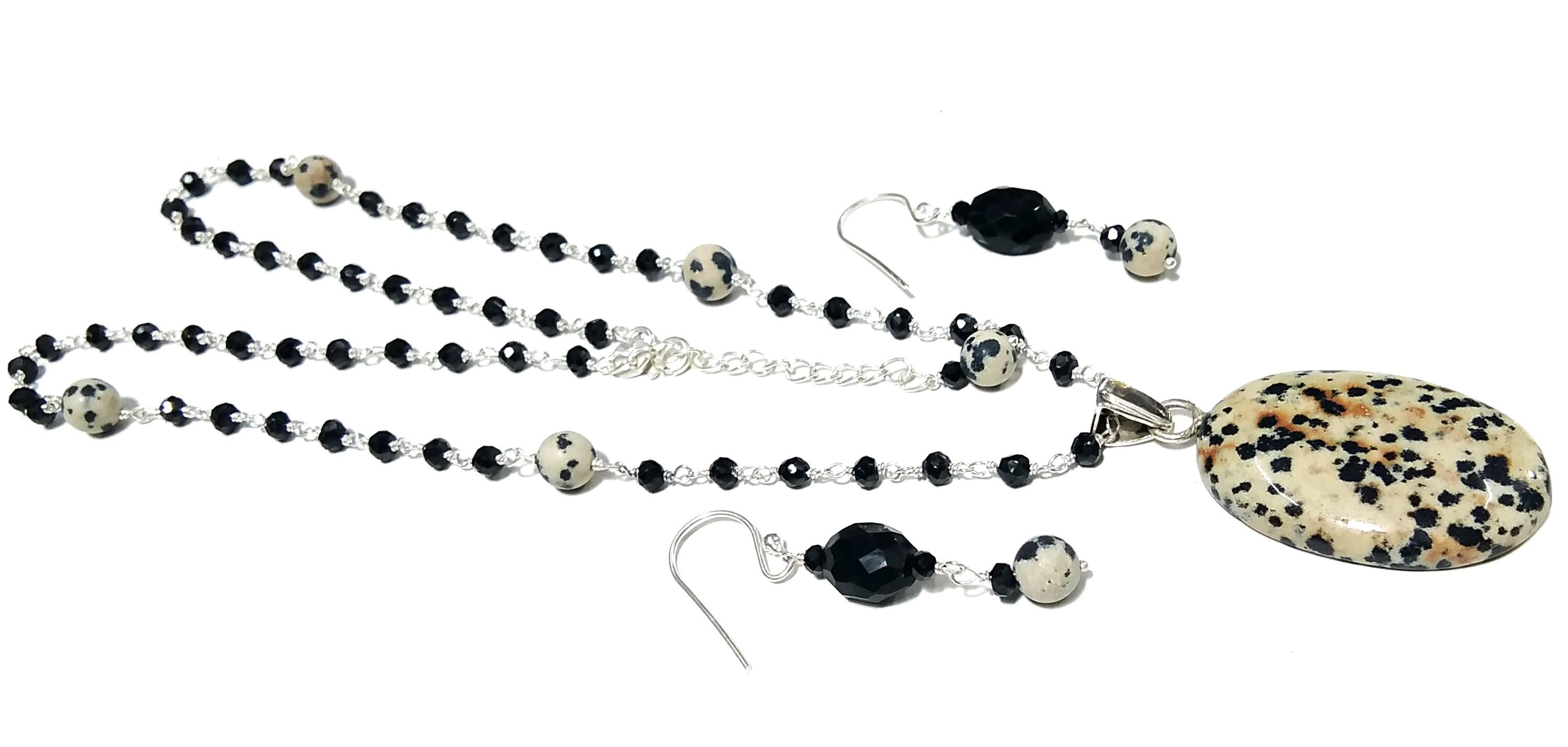 Natural Dalmatian Jasper/Black Onyx Necklace Earring Jewelry Set, 925 Sterling Silver Necklace Gemstone Necklace Statement For Gift Jewelry