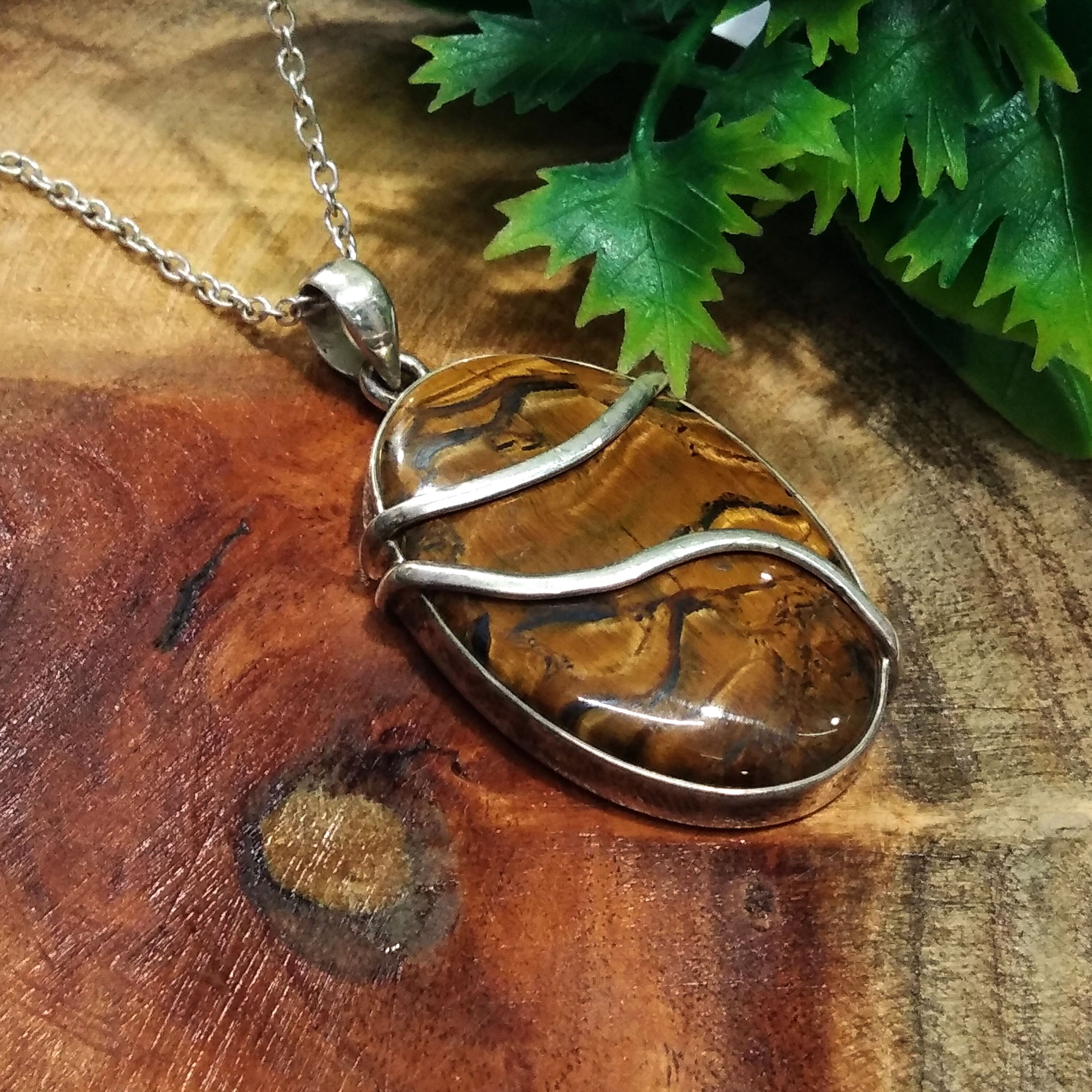 Natural Yellow Tiger Eye Gemstone Pendant Chain Necklace, 925 Starling Silver Pendant Necklace Handmade Stone Size 33x23mm Gift Boho Pendant