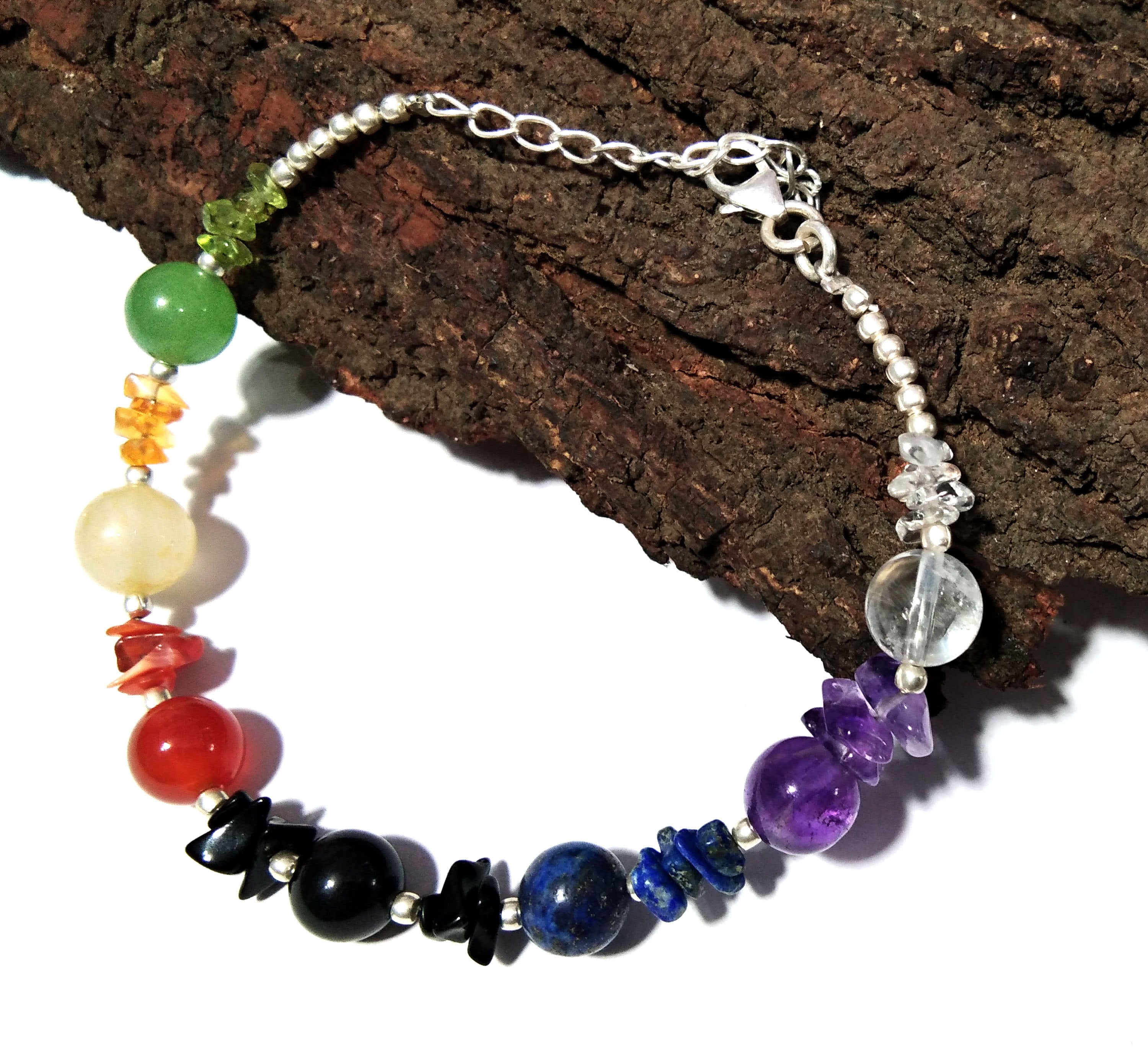 925 Sterling Silver With Natural Gemstone 7 Chakra Bracelet, Reiki Healing Crystal Gemstone Anxiety Healing Crystal Bracelet Yoga Energy