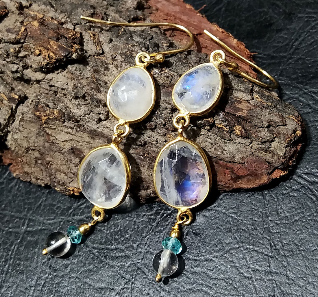 Natural Rainbow Moonstone Blue Fire Stone Earring, 925 Solid Starling Silver With Gold Plated Earring, Gift Item For Girls/Women Earring