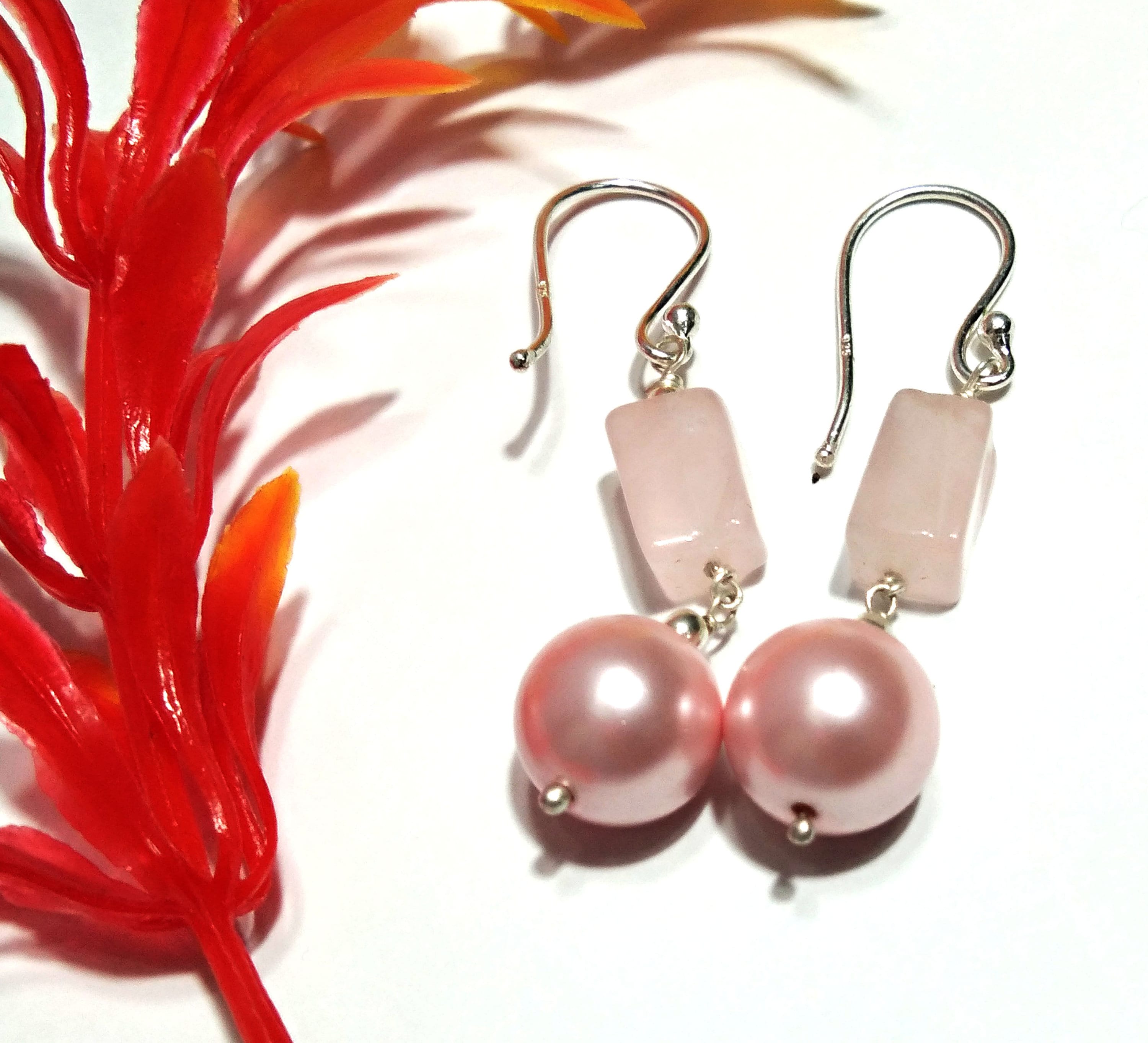 Natural Pink Baroque Pearl/Rose Quartz Stone Drop Earring, 925 Solid Starling Silver Earring Jewelry Stone Size 9x9 mm Gift Birthday Earring