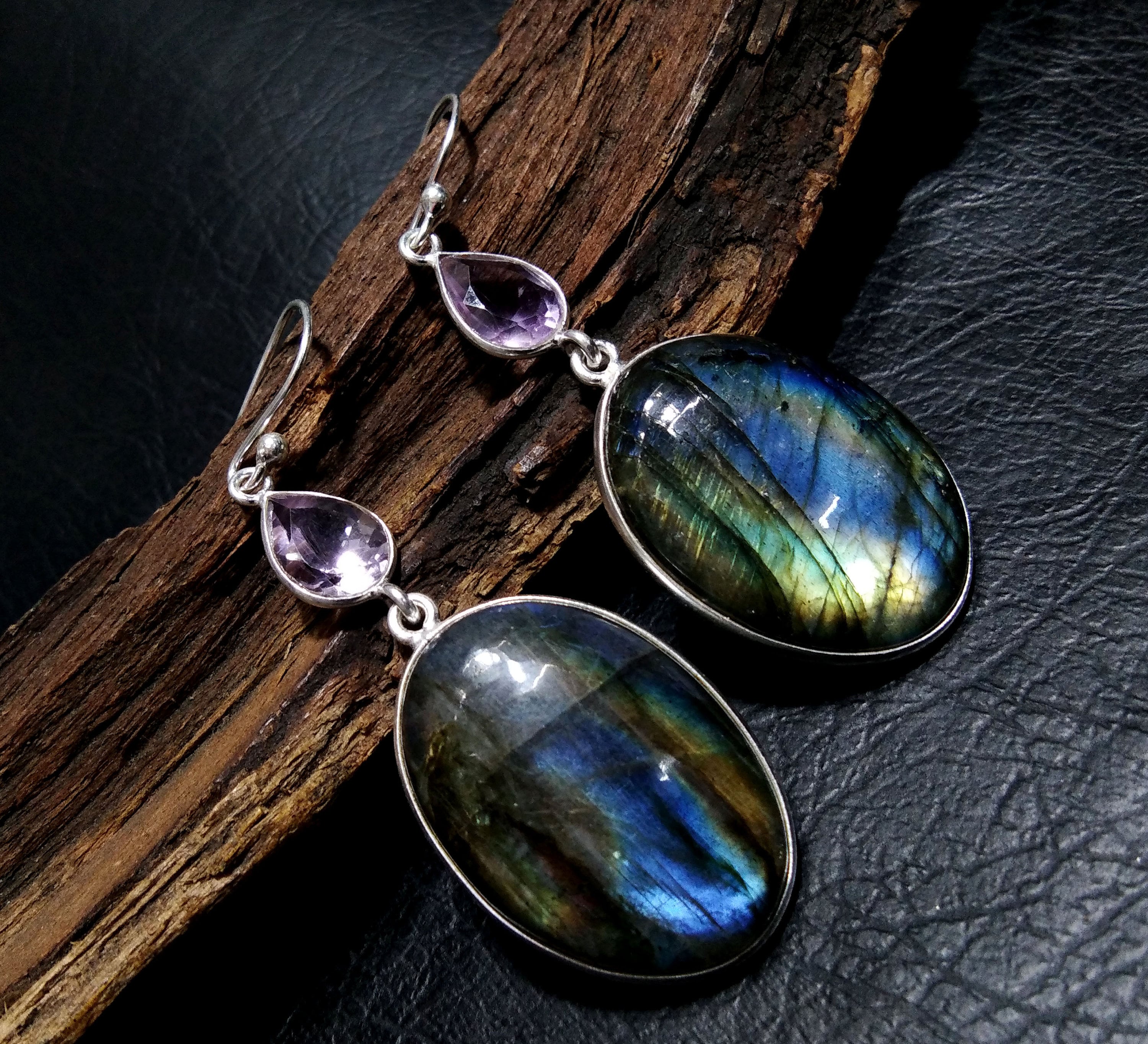 Labradorite And Amethyst Gemstone Earring, 925 Starling Silver Earring, Natural Labradorite Stone Gift Dangle Drop Earring, Gift For Her