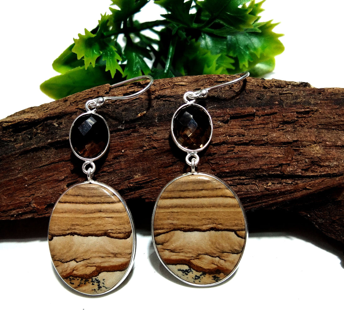 Natural Picture Jasper Earring Gemstone, 925 Solid Starling Silver Earring Jewelry Oval Shape Stone Size 24x19 mm Jasper For Gift Earring